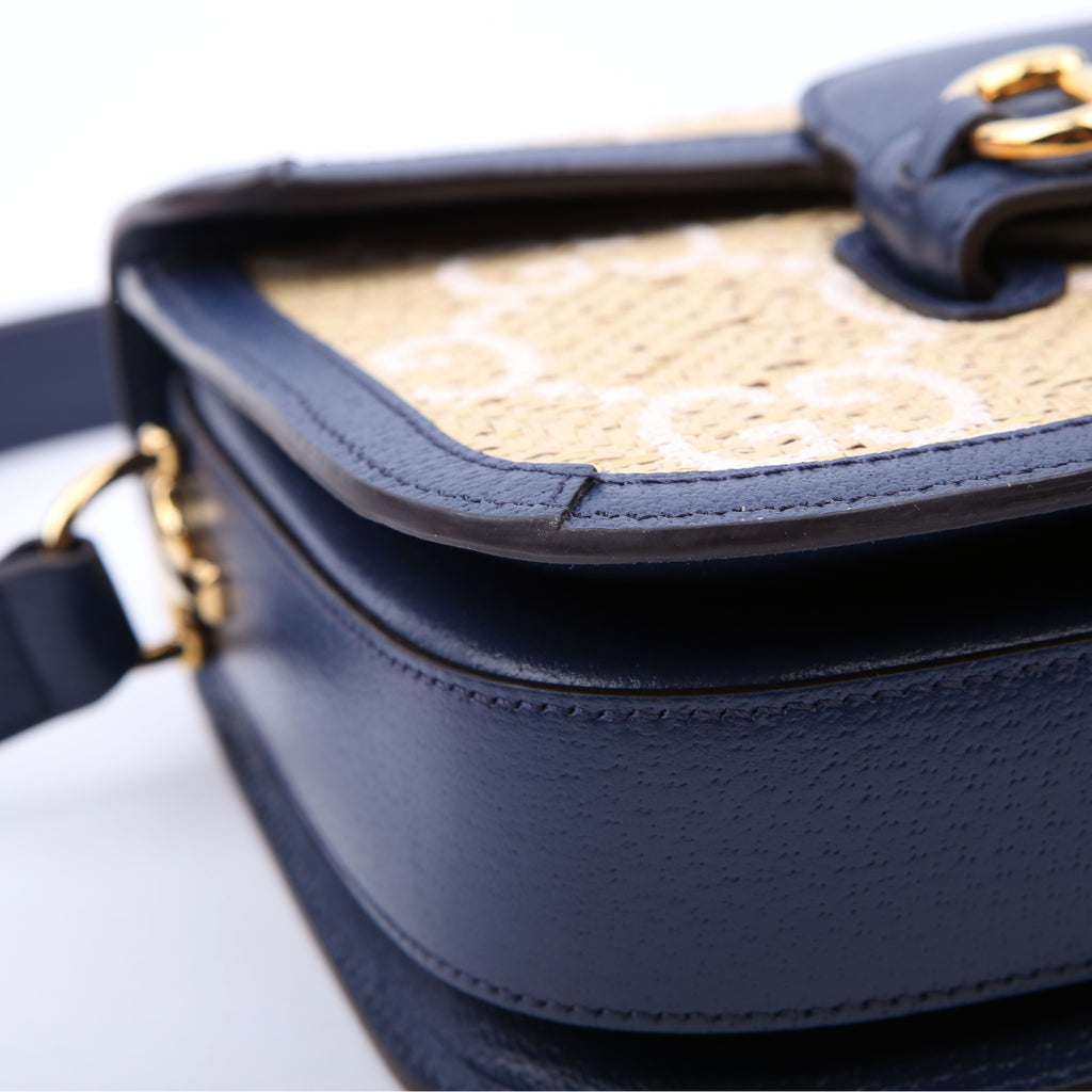 Gucci 602204 Horsebit 1955 GG Raffia Shoulder Bag Blue