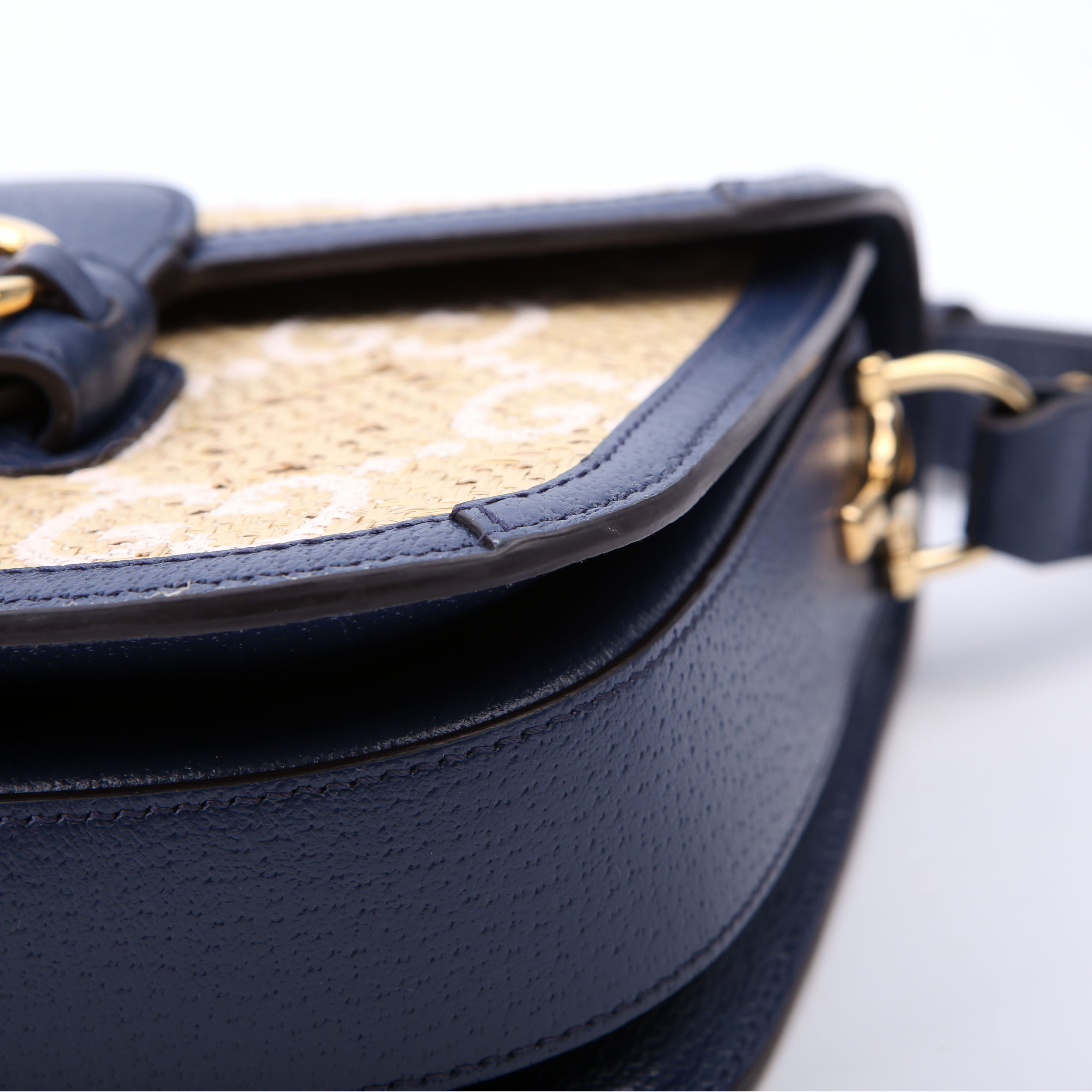 Gucci 602204 Horsebit 1955 GG Raffia Shoulder Bag Blue