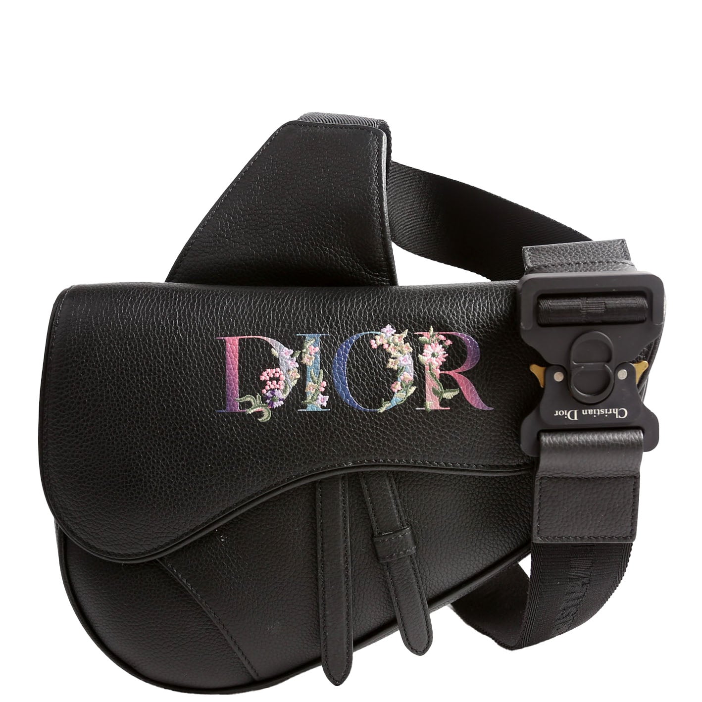 Christian Dior Floral Saddle Crossbody Leather Black