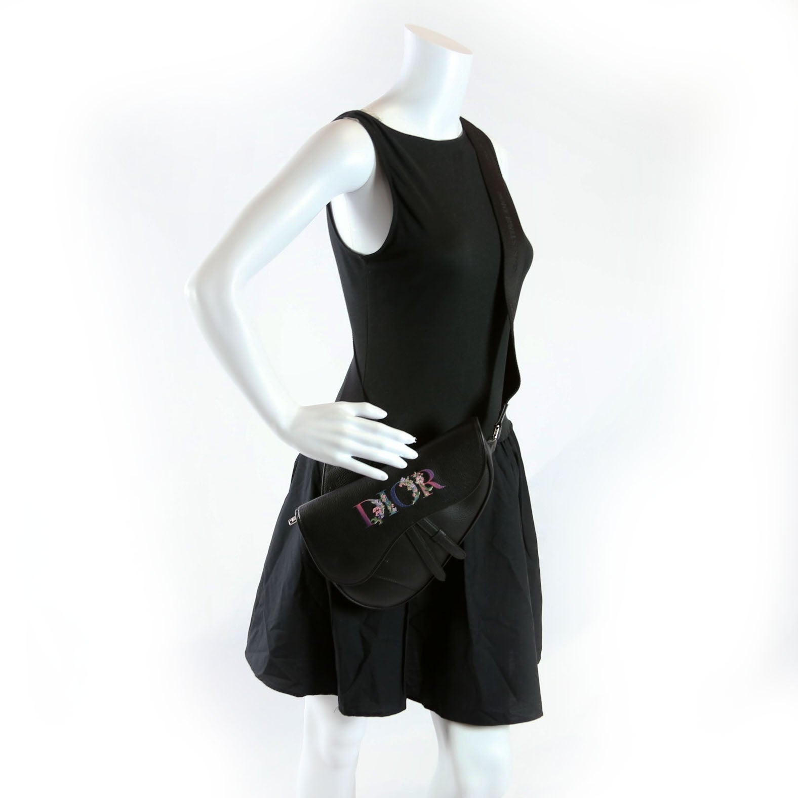 Christian Dior Floral Saddle Crossbody Leather Black