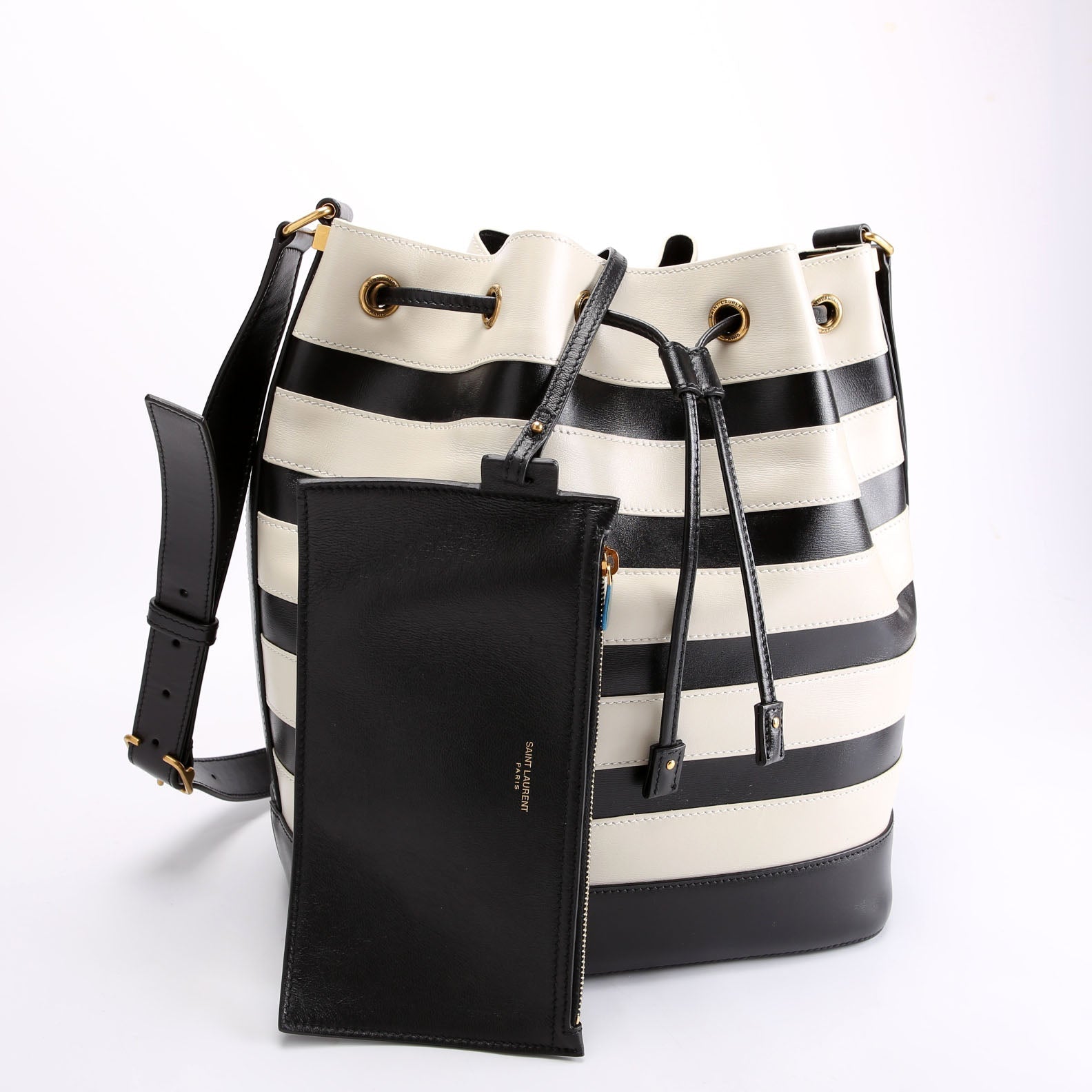 Saint Laurent 568606 Seau Stripe Calfskin Bucket Bag Black/white