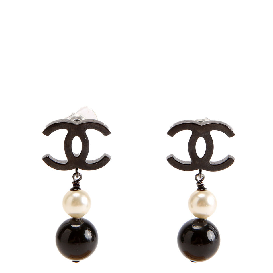 Chanel CC Pearl Drop Earrings Black/Pearl