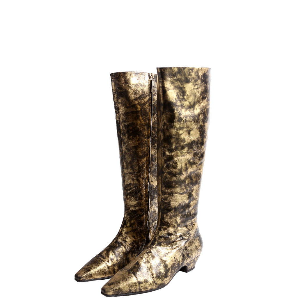 Chanel Foiled Leather Tall Boots Size 39 Gold