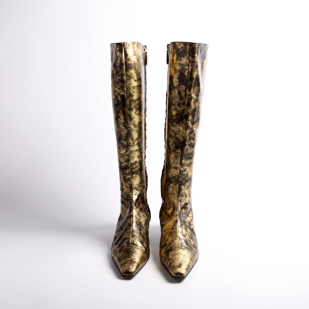 Chanel Foiled Leather Tall Boots Size 39 Gold