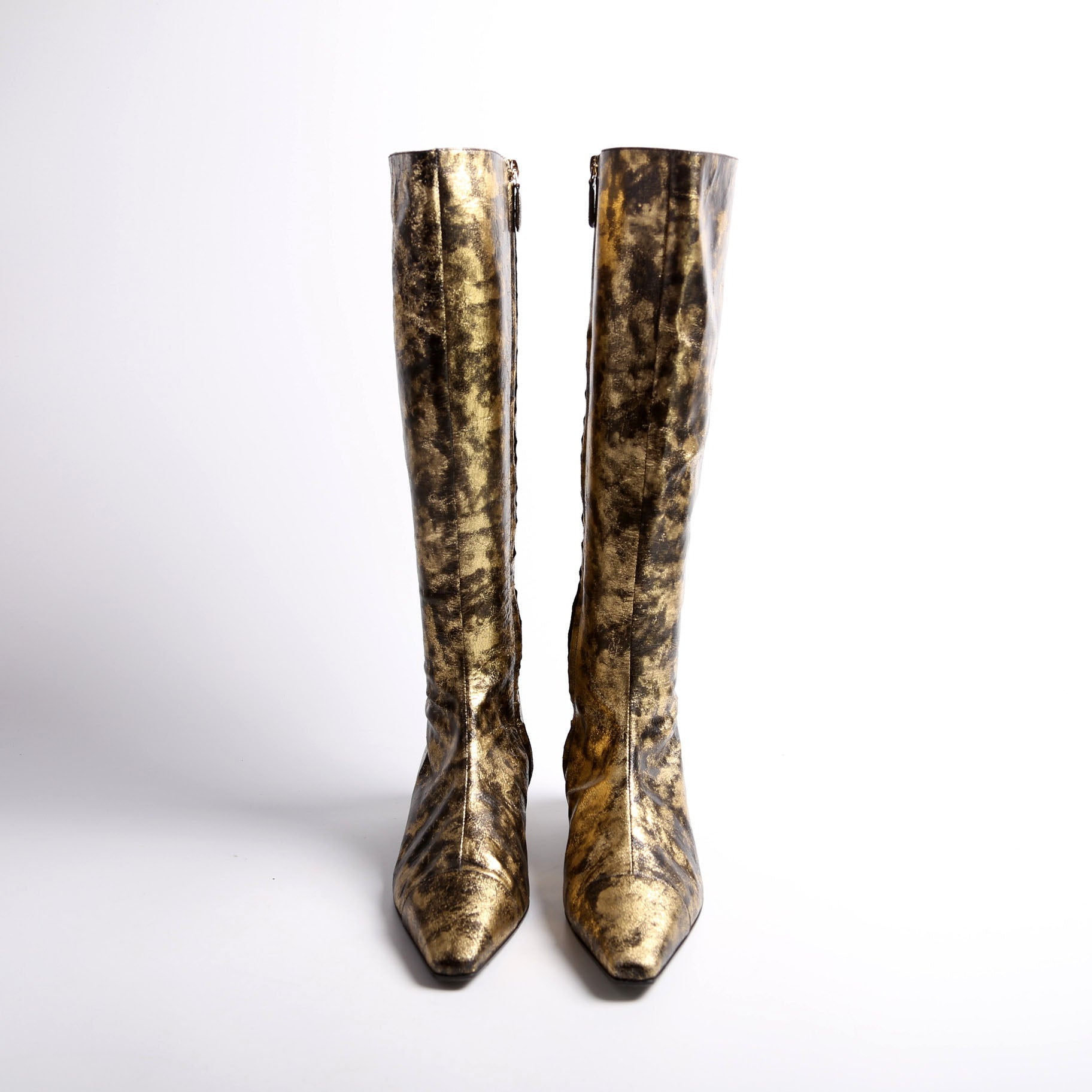 Chanel Foiled Leather Tall Boots Size 39 Gold