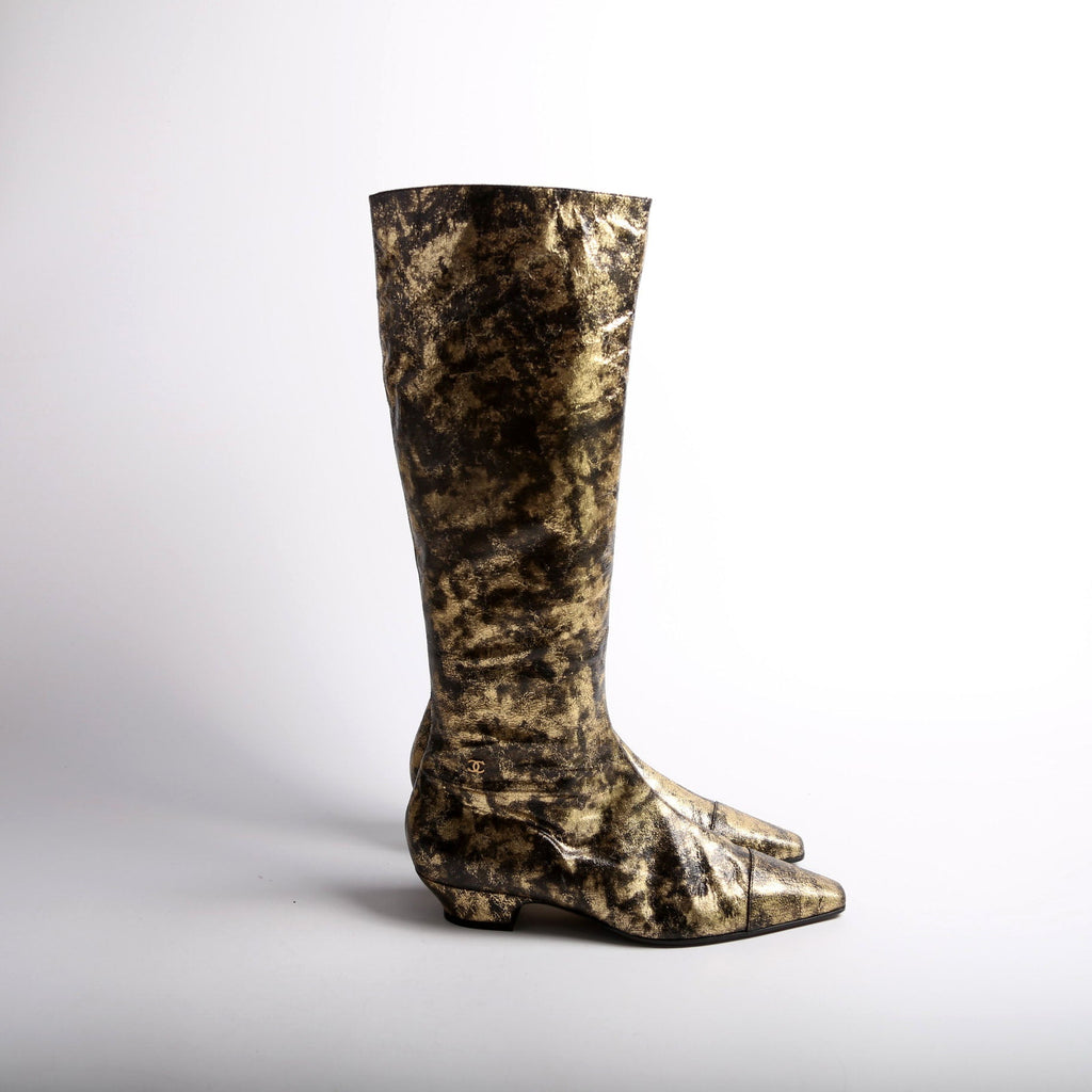 Chanel Foiled Leather Tall Boots Size 39 Gold