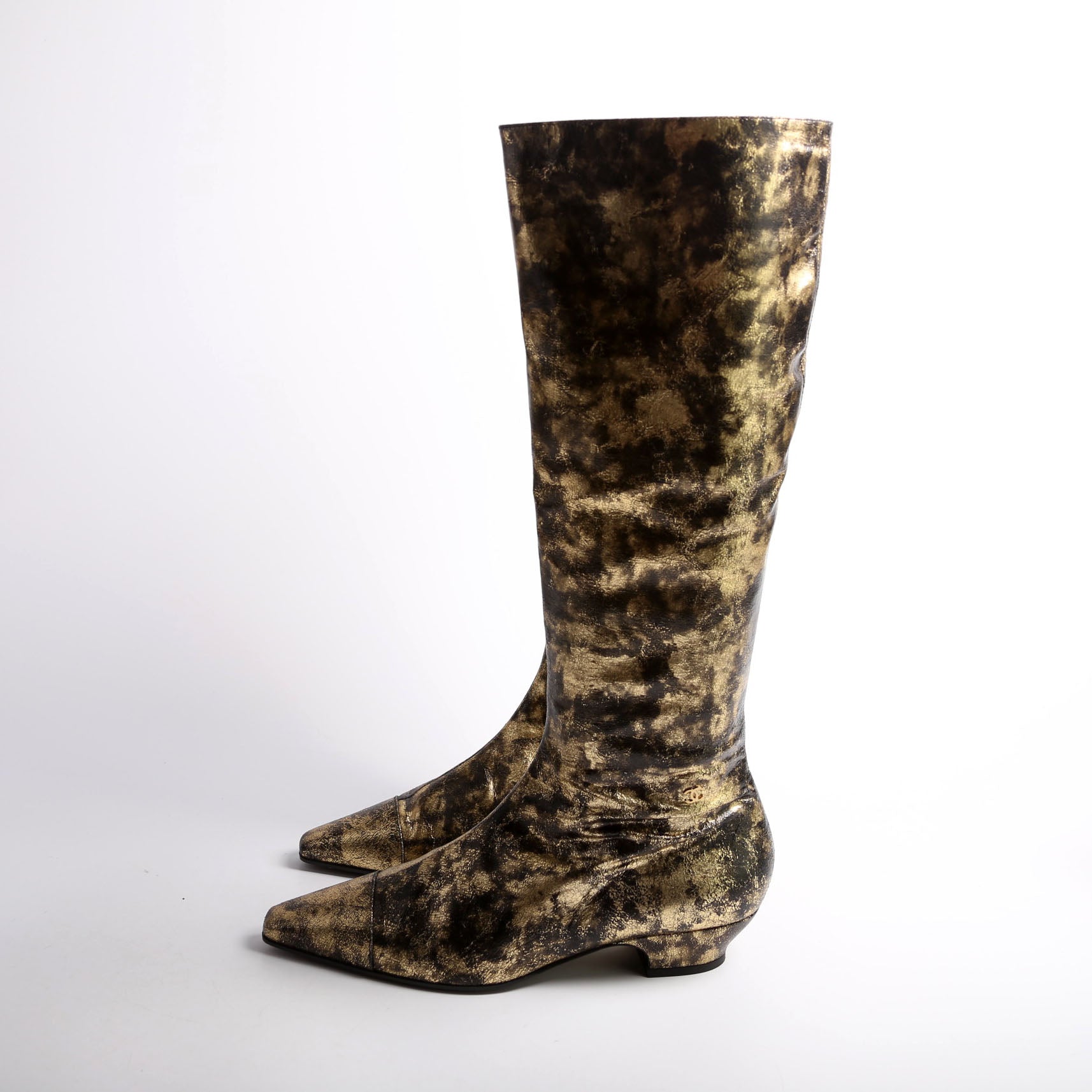 Chanel Foiled Leather Tall Boots Size 39 Gold