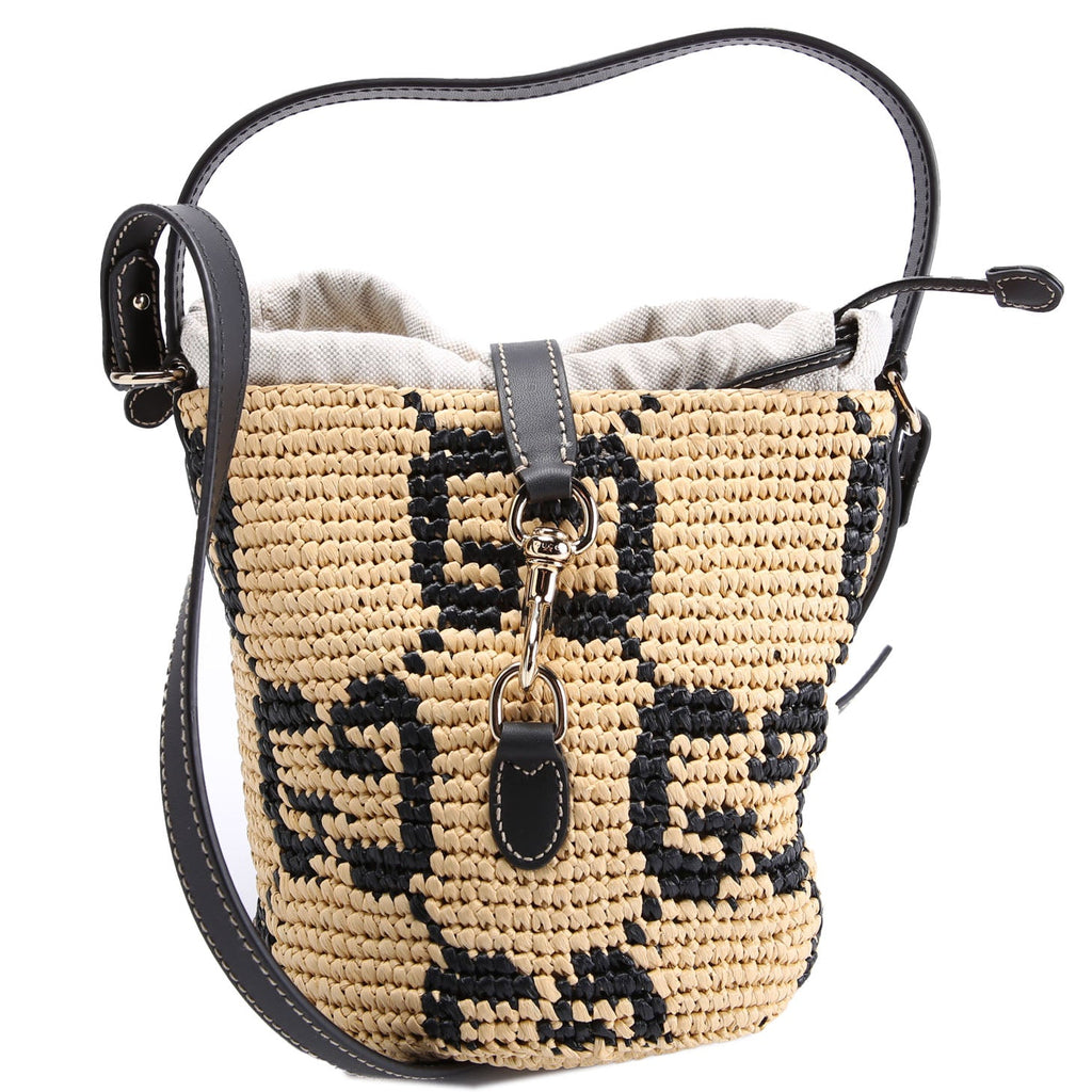 Gucci 816284 GG Woven Raffia Mini Bucket Bag Tan/Black