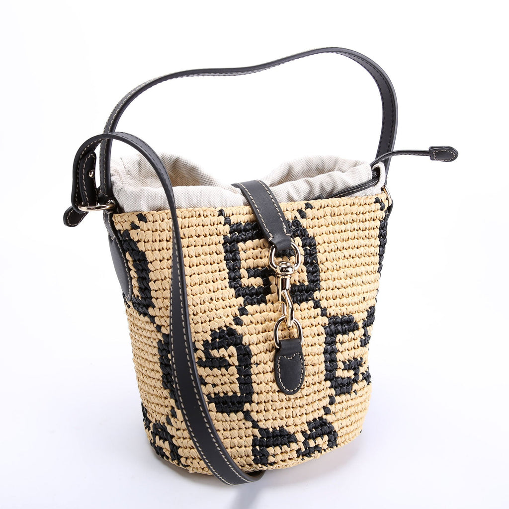 Gucci 816284 GG Woven Raffia Mini Bucket Bag Tan/Black
