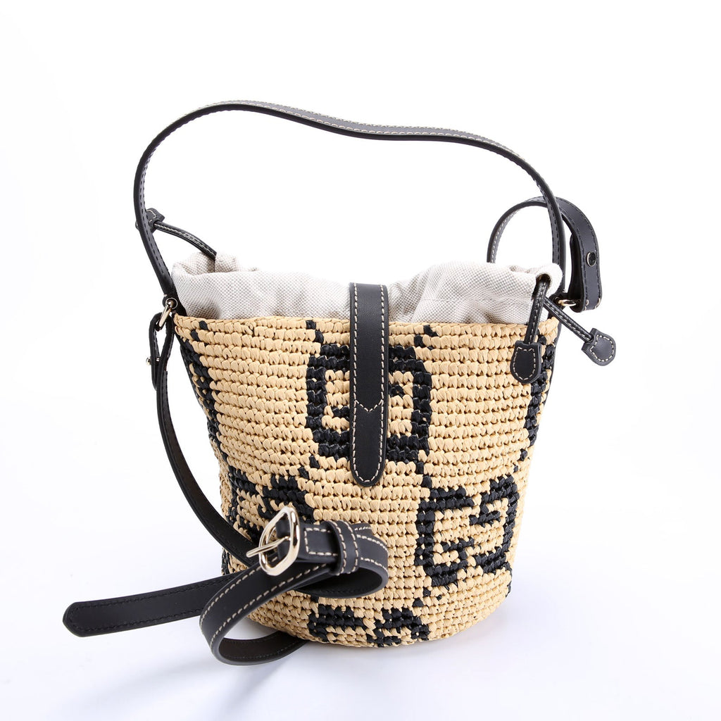 Gucci 816284 GG Woven Raffia Mini Bucket Bag Tan/Black