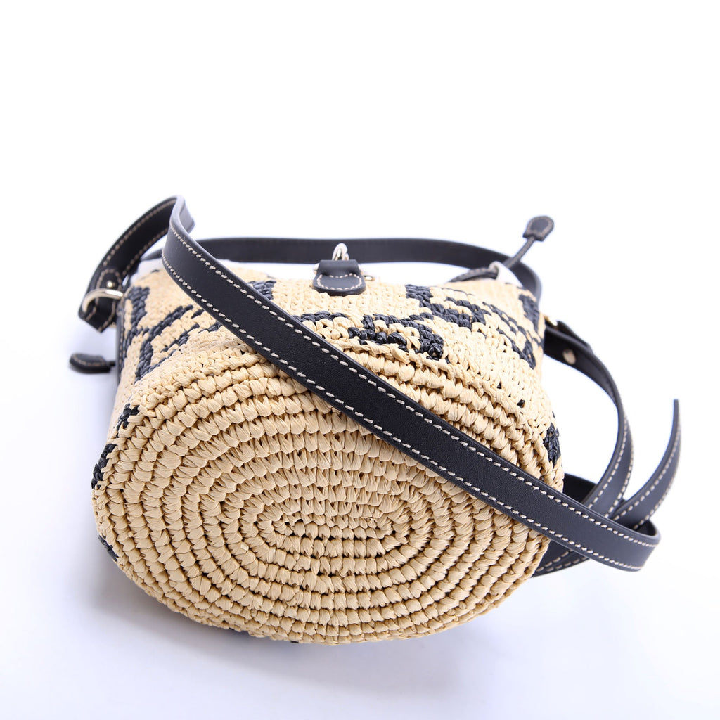 Gucci 816284 GG Woven Raffia Mini Bucket Bag Tan/Black