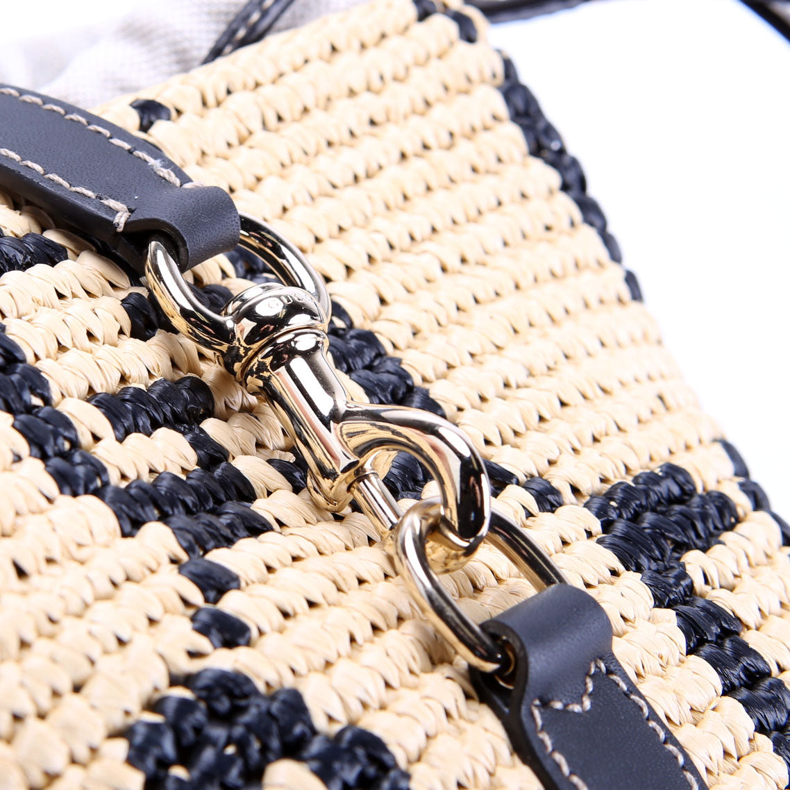 Gucci 816284 GG Woven Raffia Mini Bucket Bag Tan/Black