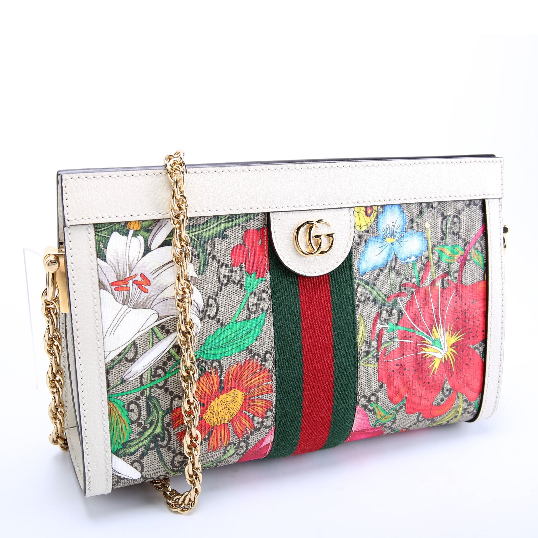 Gucci 503877 GG Supreme Flora Ophidia Small Chain White