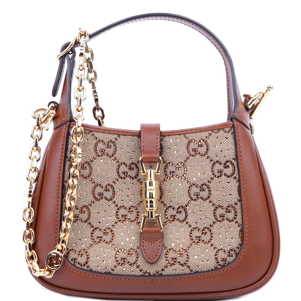 Gucci 675799 Jackie 1961 Crystal GG Canvas Mini Shoulder Bag Brown