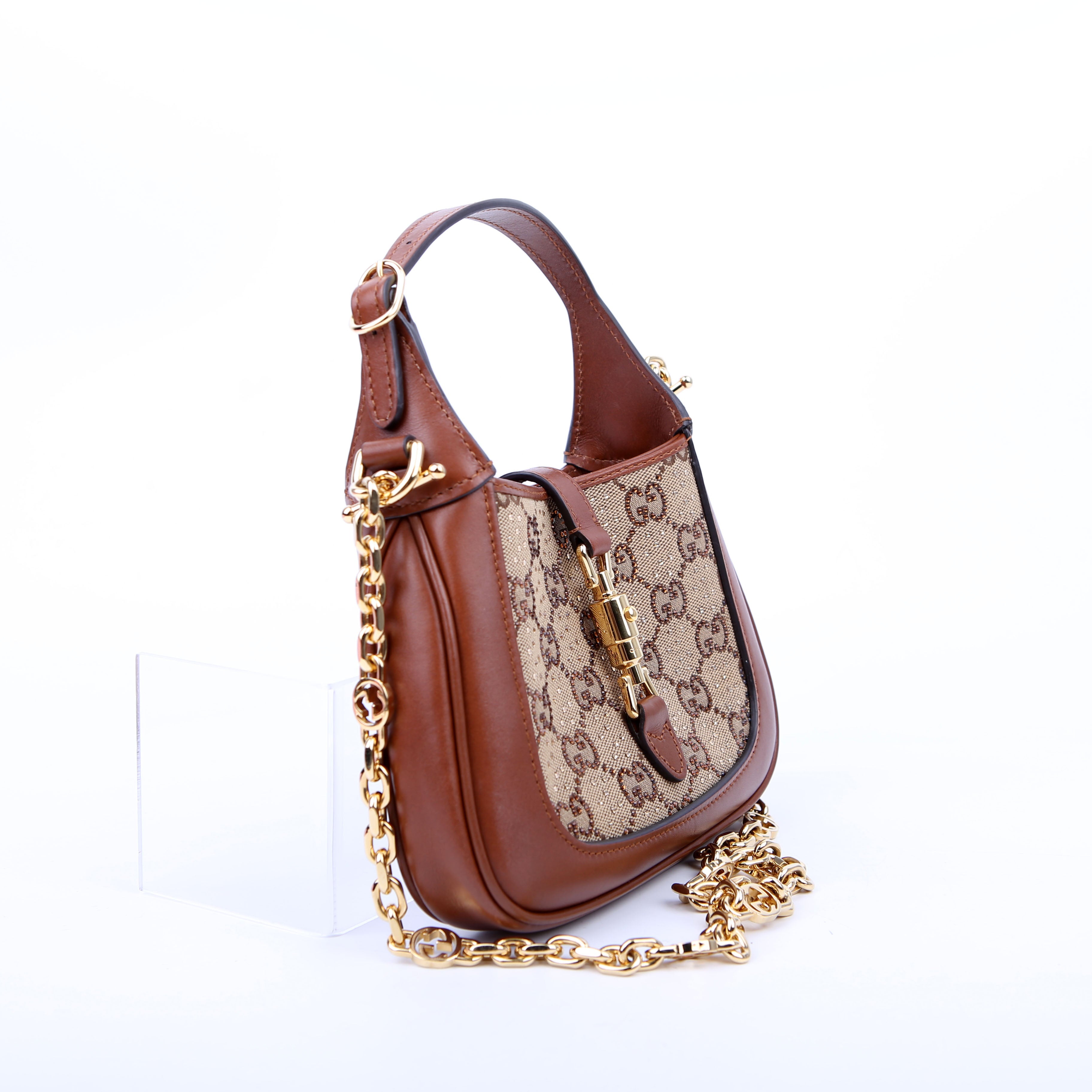 Gucci 675799 Jackie 1961 Crystal GG Canvas Mini Shoulder Bag Brown