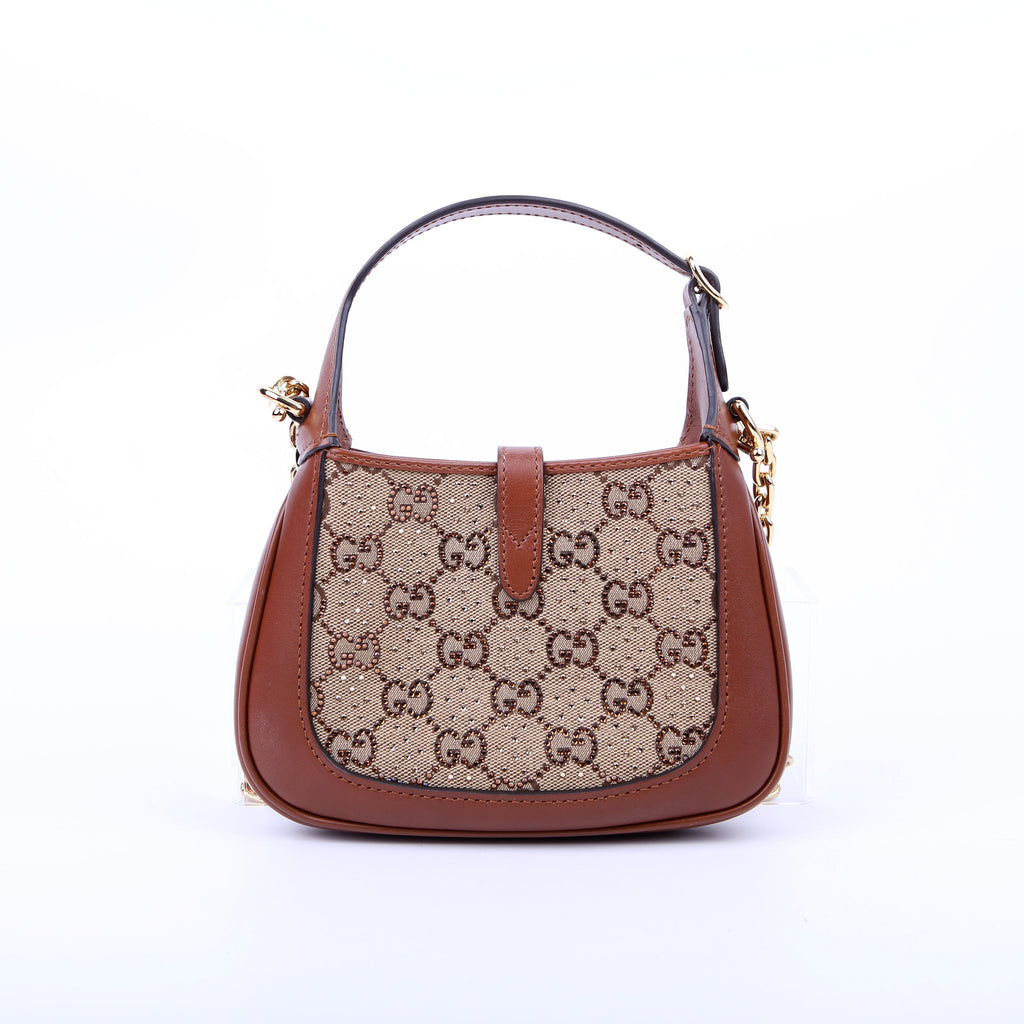 Gucci 675799 Jackie 1961 Crystal GG Canvas Mini Shoulder Bag Brown