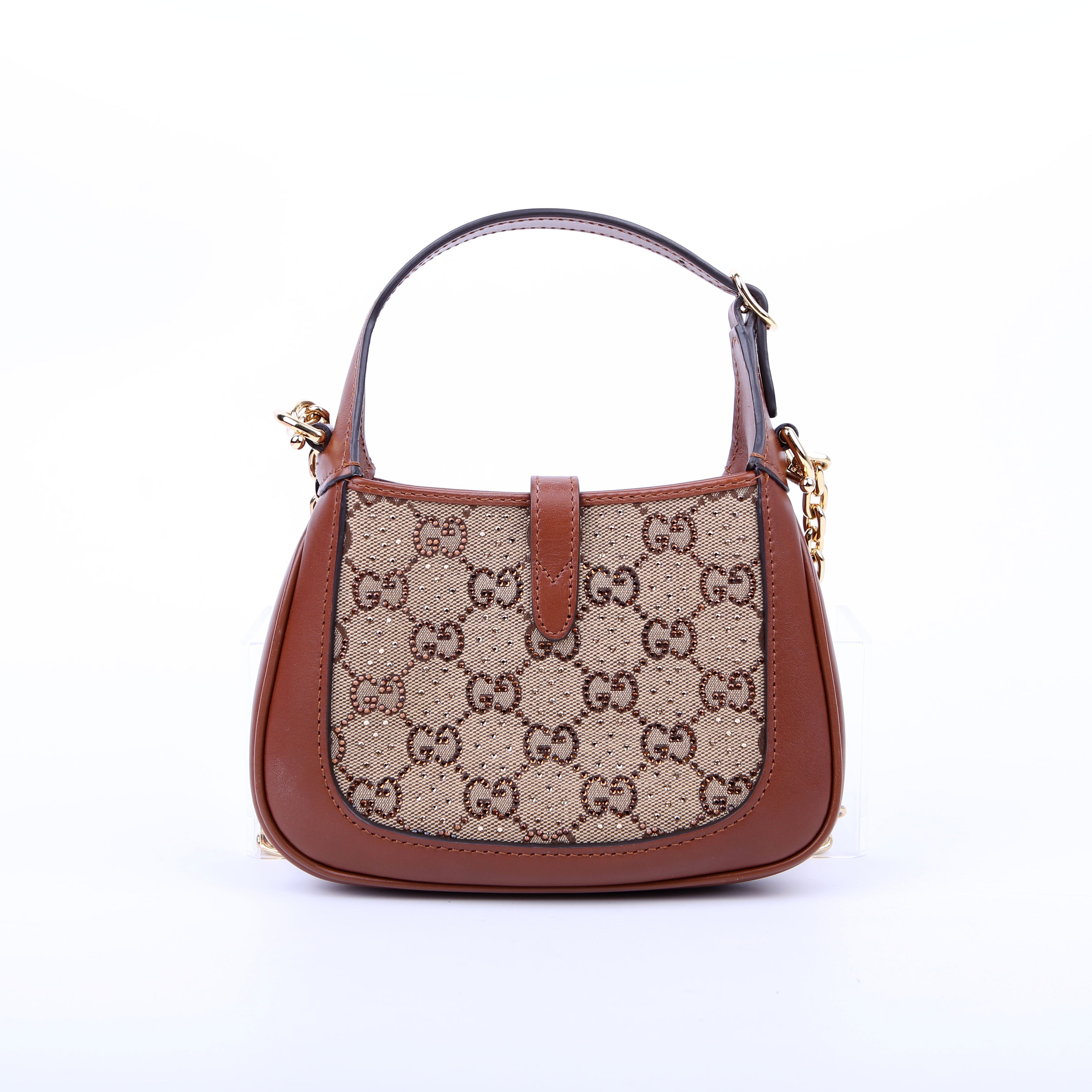 Gucci 675799 Jackie 1961 Crystal GG Canvas Mini Shoulder Bag Brown