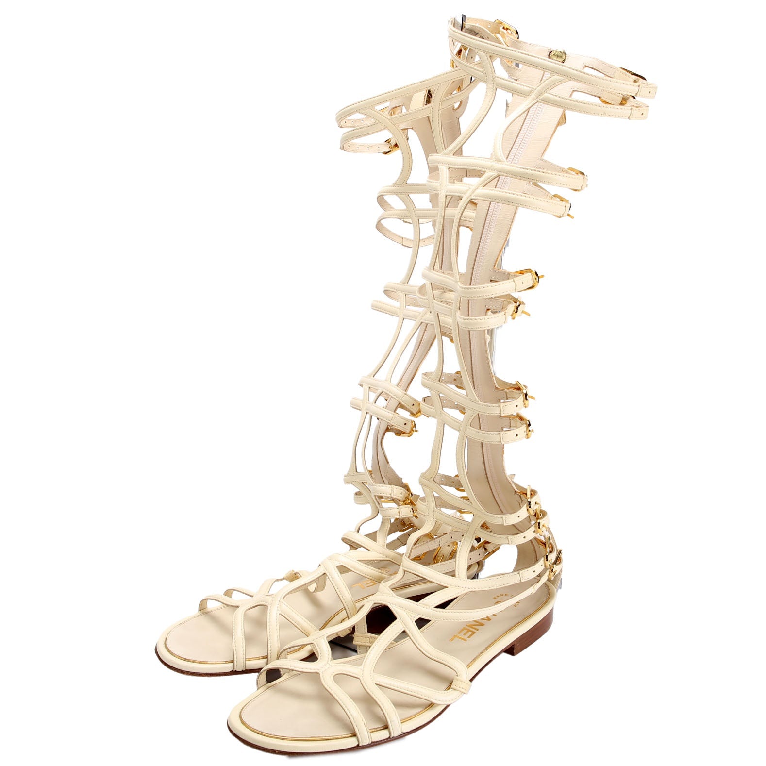 Chanel Gladiator Buckle Sandals Size 37.5 Cream