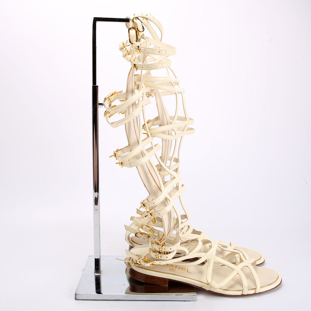 Chanel Gladiator Buckle Sandals Size 37.5 Cream