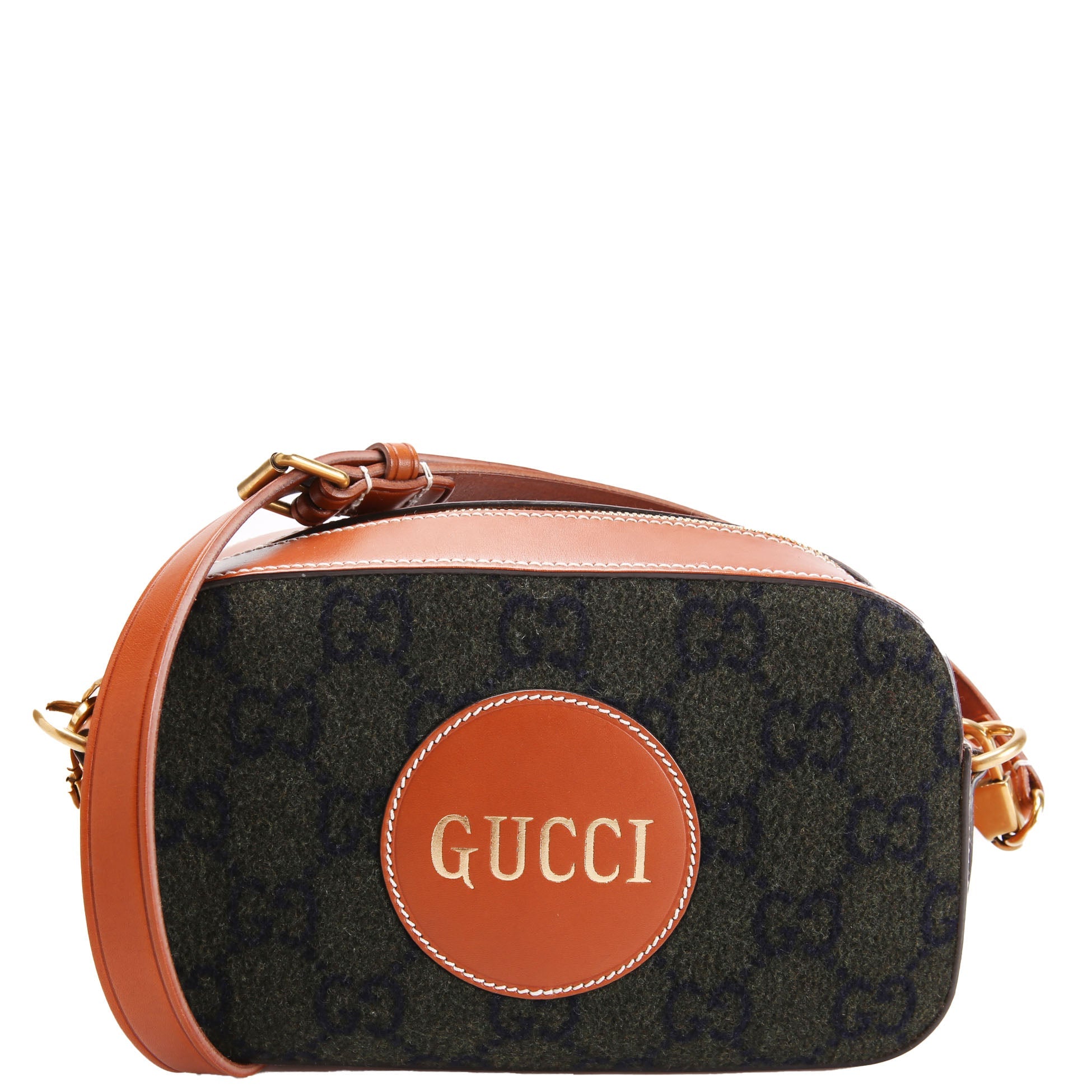 Gucci 671625 GG Wool/Calfskin Script Patch Shoulder Green/Brown