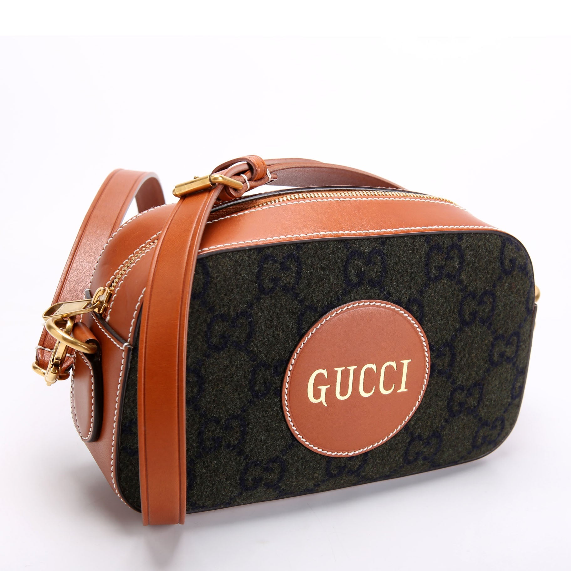 Gucci 671625 GG Wool/Calfskin Script Patch Shoulder Green/Brown