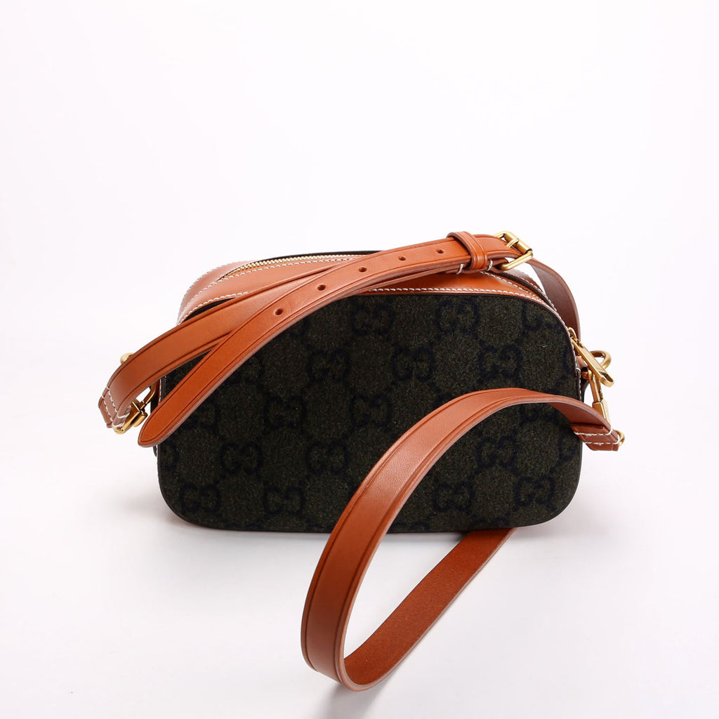 Gucci 671625 GG Wool/Calfskin Script Patch Shoulder Green/Brown