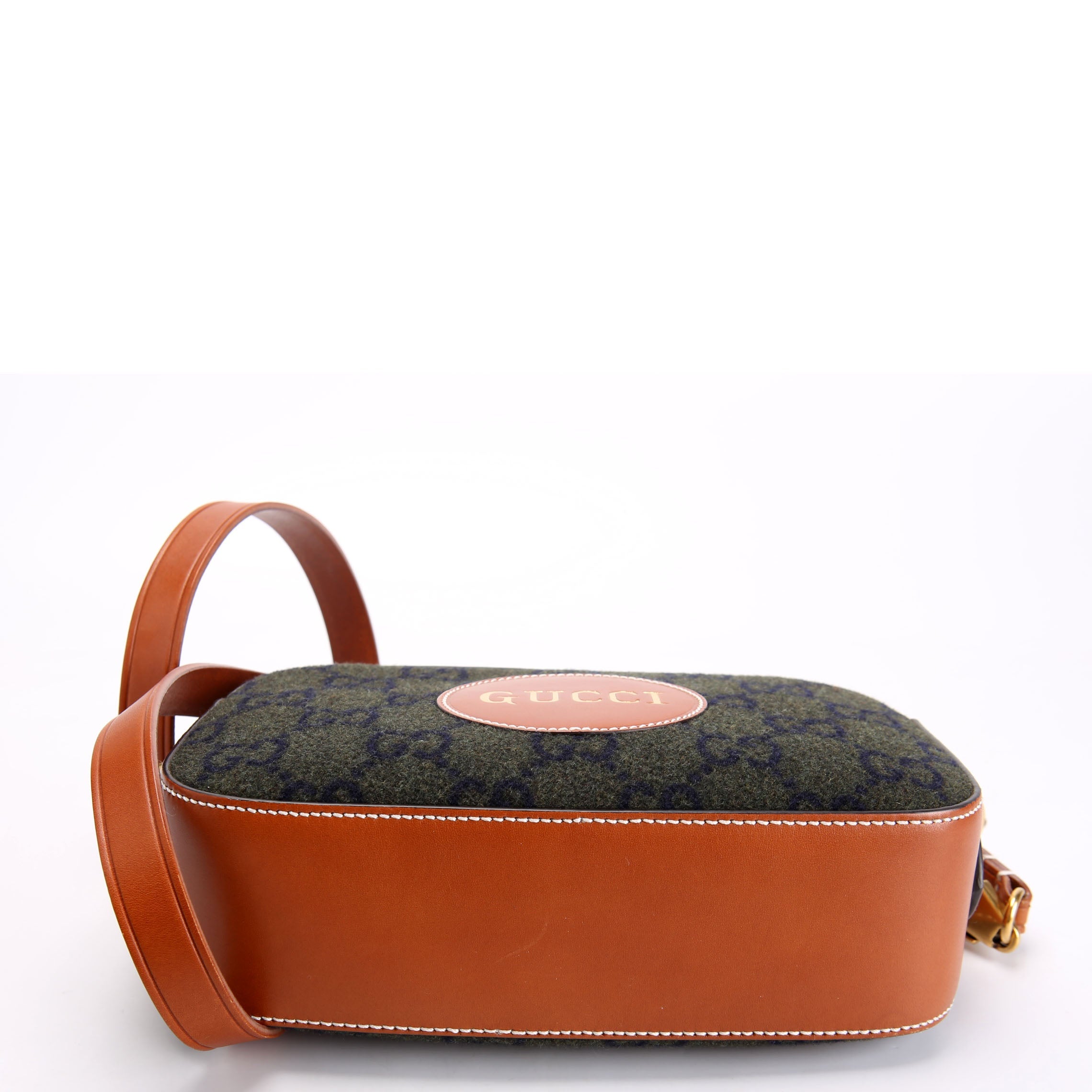 Gucci 671625 GG Wool/Calfskin Script Patch Shoulder Green/Brown