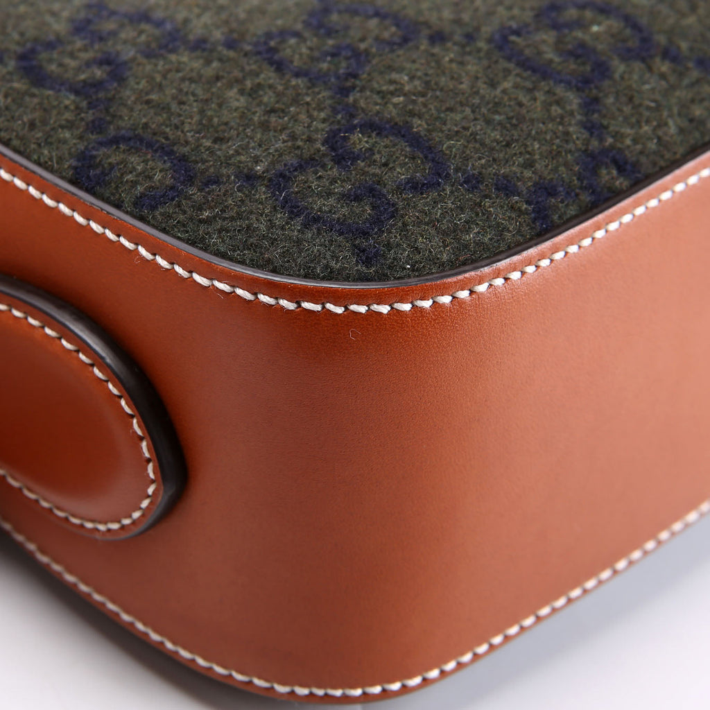 Gucci 671625 GG Wool/Calfskin Script Patch Shoulder Green/Brown