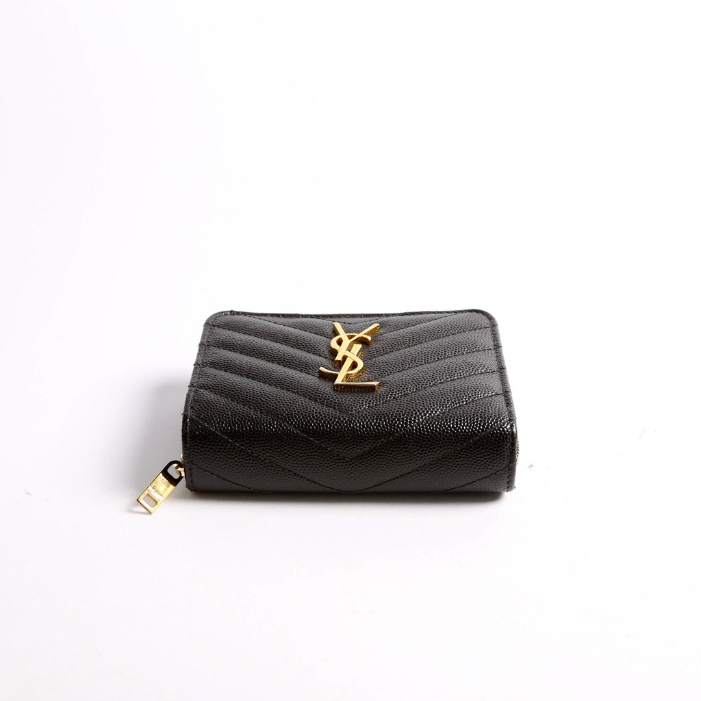 Saint Laurent 403723 Cassandre Grain De Poudre Compact Zip Around Wallet Black