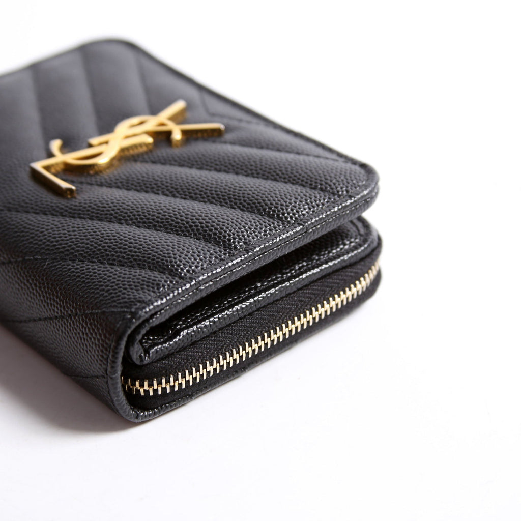 Saint Laurent 403723 Cassandre Grain De Poudre Compact Zip Around Wallet Black