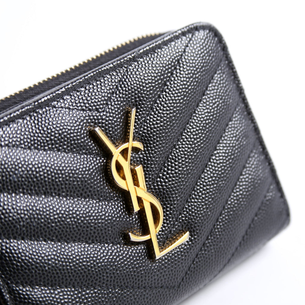 Saint Laurent 403723 Cassandre Grain De Poudre Compact Zip Around Wallet Black