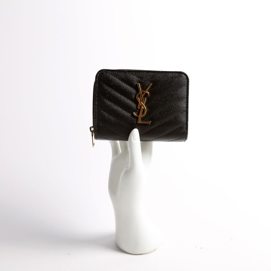 Saint Laurent 403723 Cassandre Grain De Poudre Compact Zip Around Wallet Black