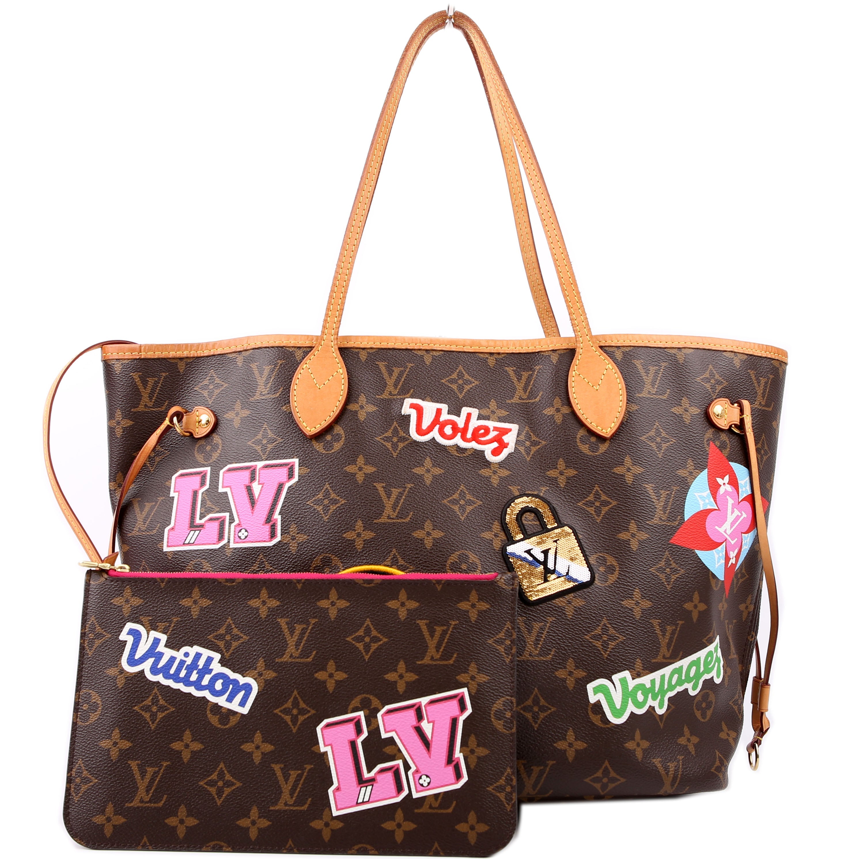 Louis Vuitton Neverfull With Wallet MM Monogram Patches Pink