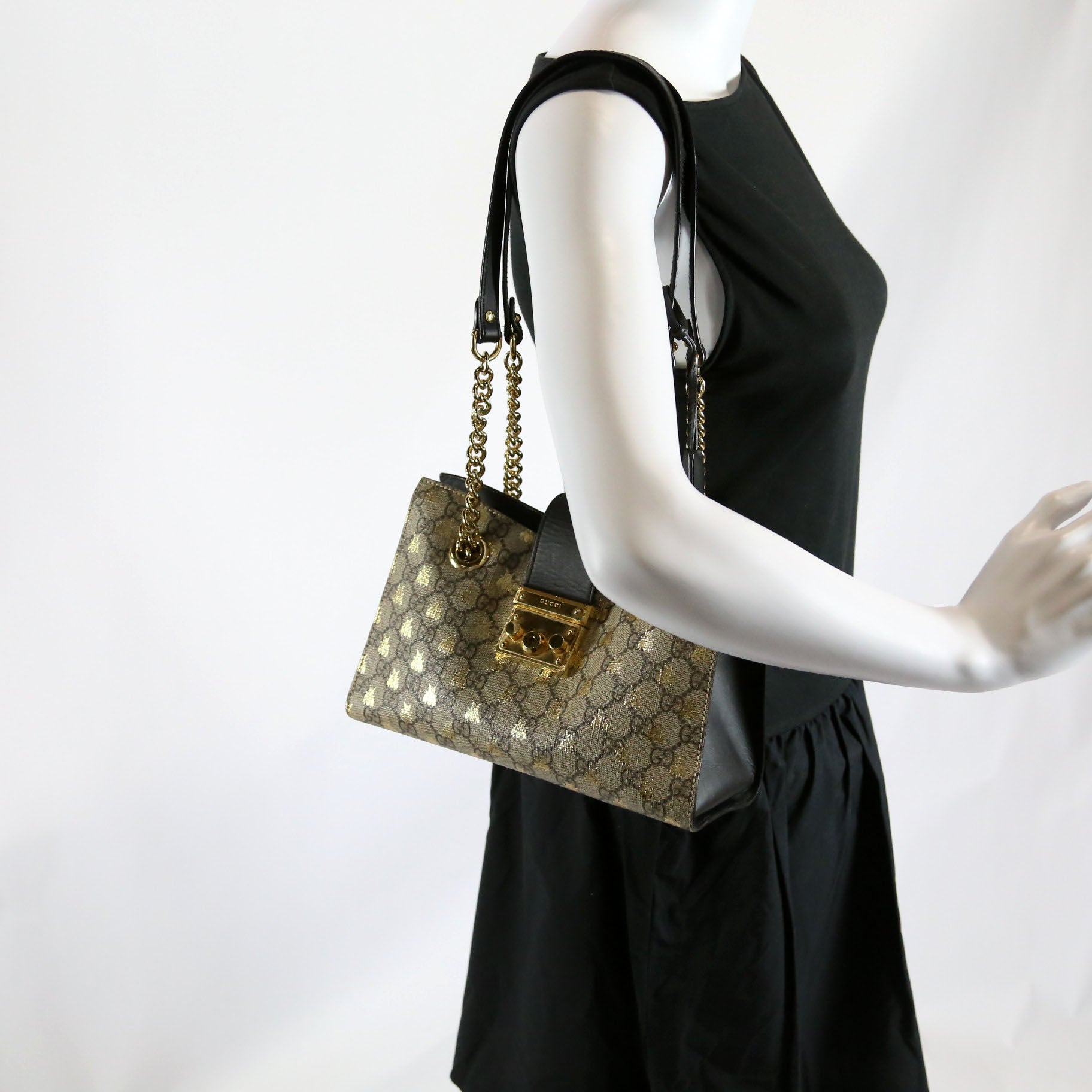Gucci 498156 Padlock GG Bee Small Tote Beige/Black