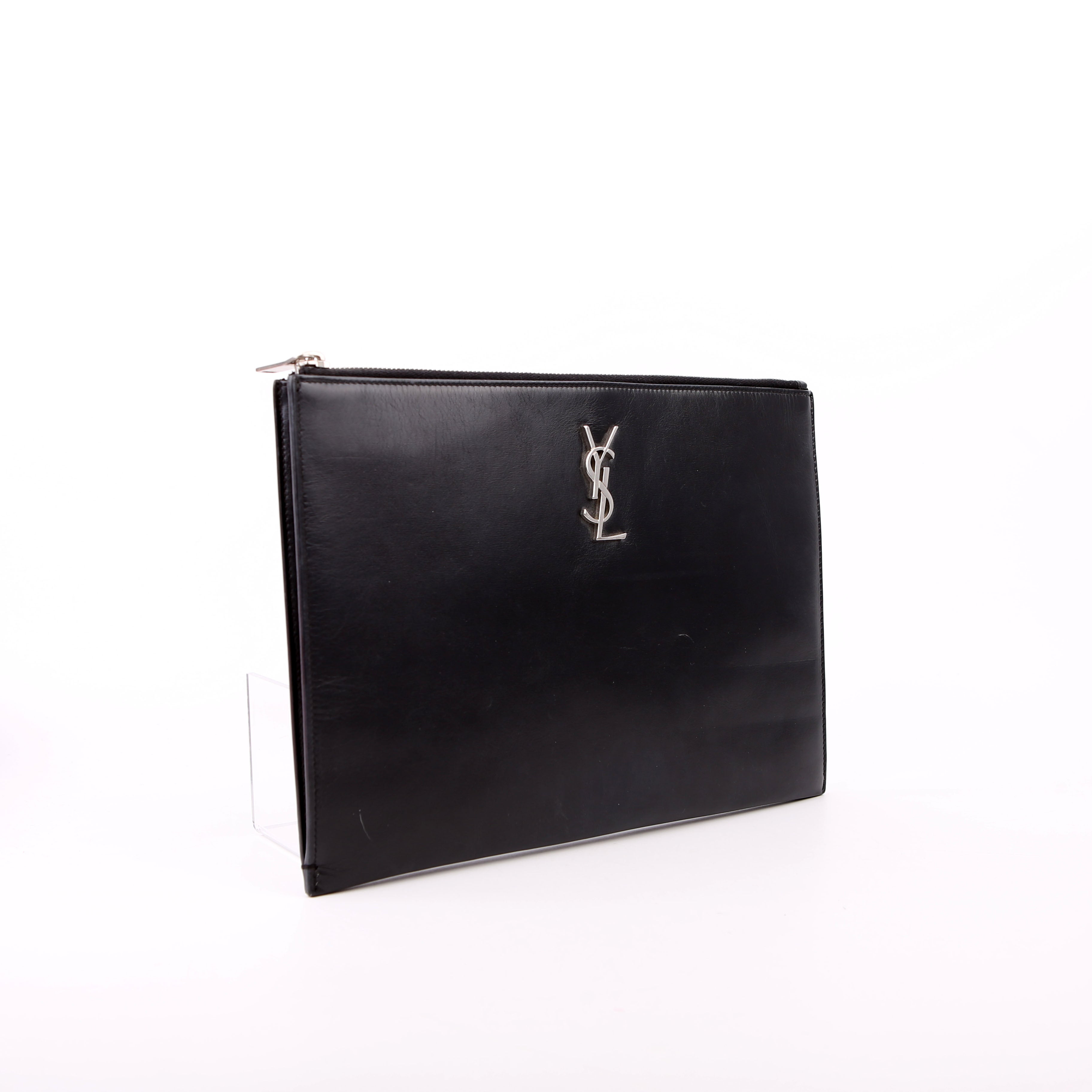 Saint Laurent Cassandre Smooth Leather Zippered Pouch Black