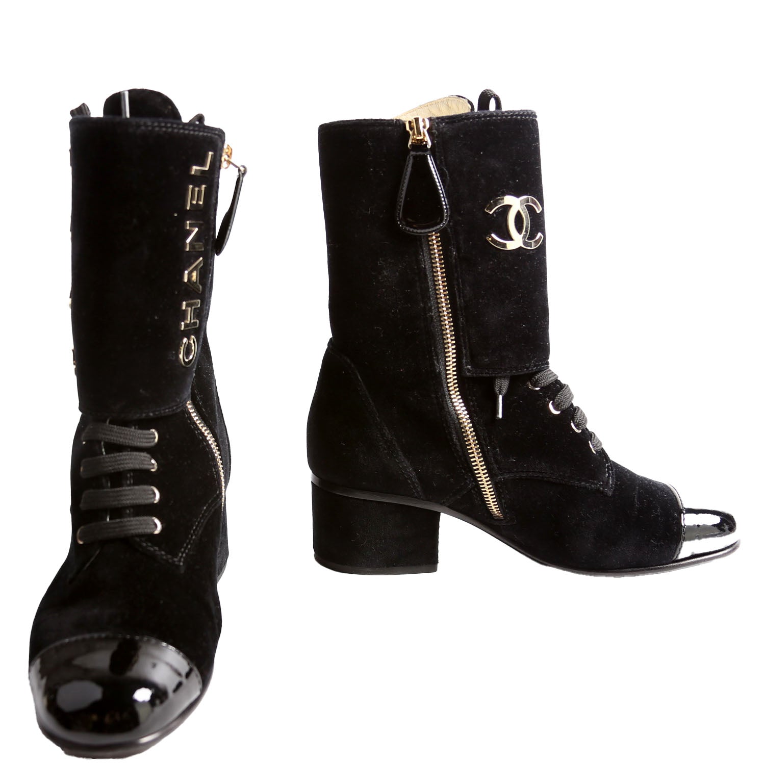 Chanel CC Cap Toe Velvet Lace-Up Boots Size 38