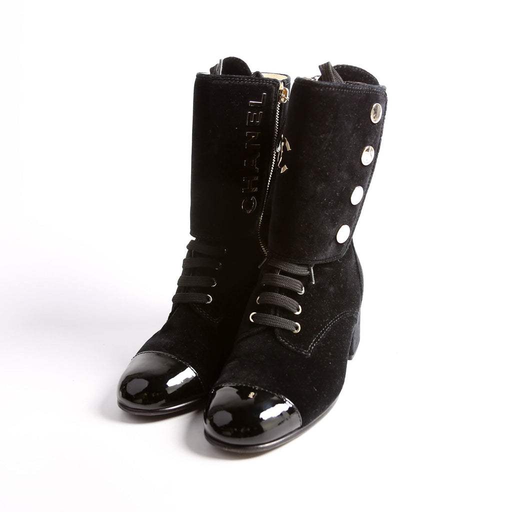 Chanel CC Cap Toe Velvet Lace-Up Boots Size 38