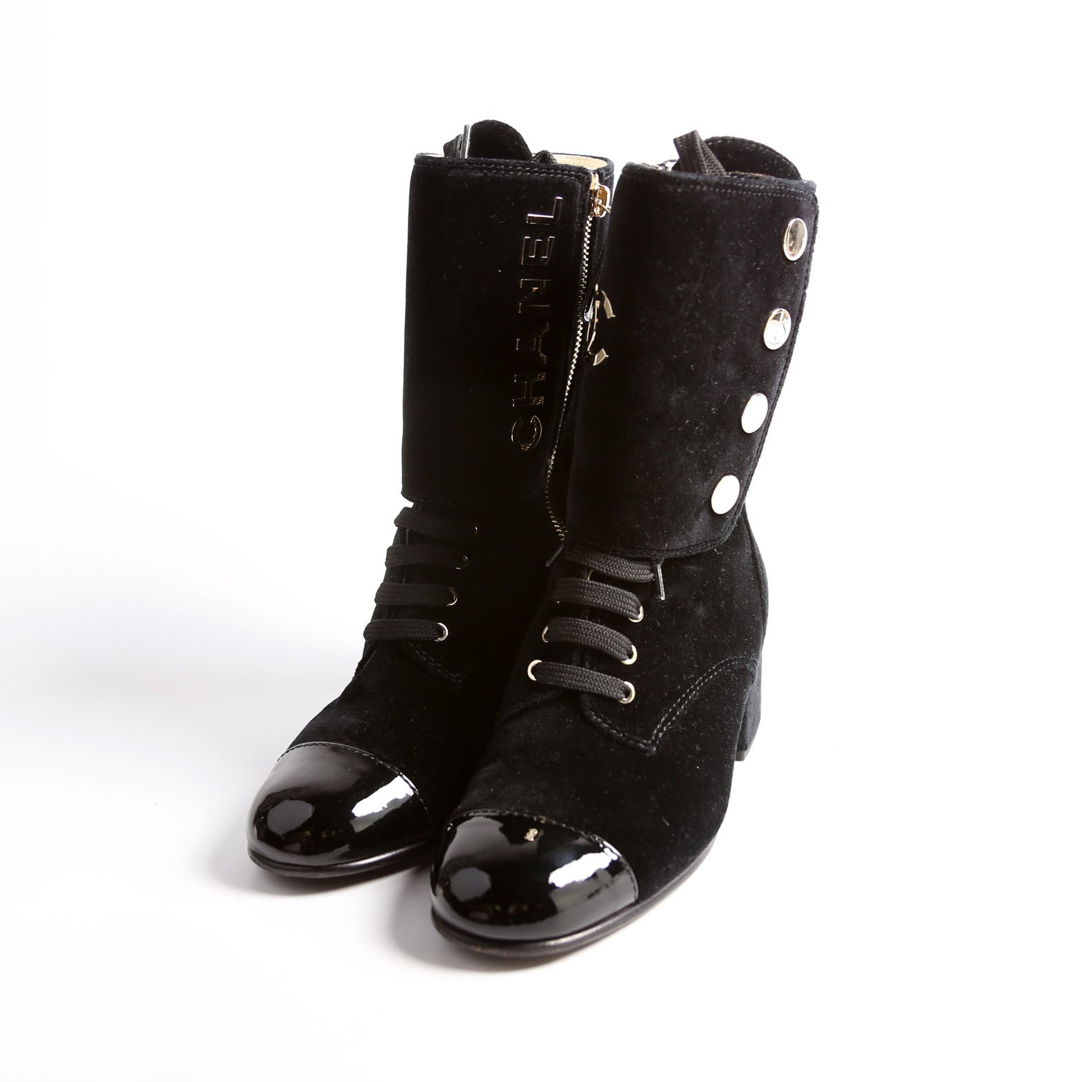 Chanel CC Cap Toe Velvet Lace-Up Boots Size 38