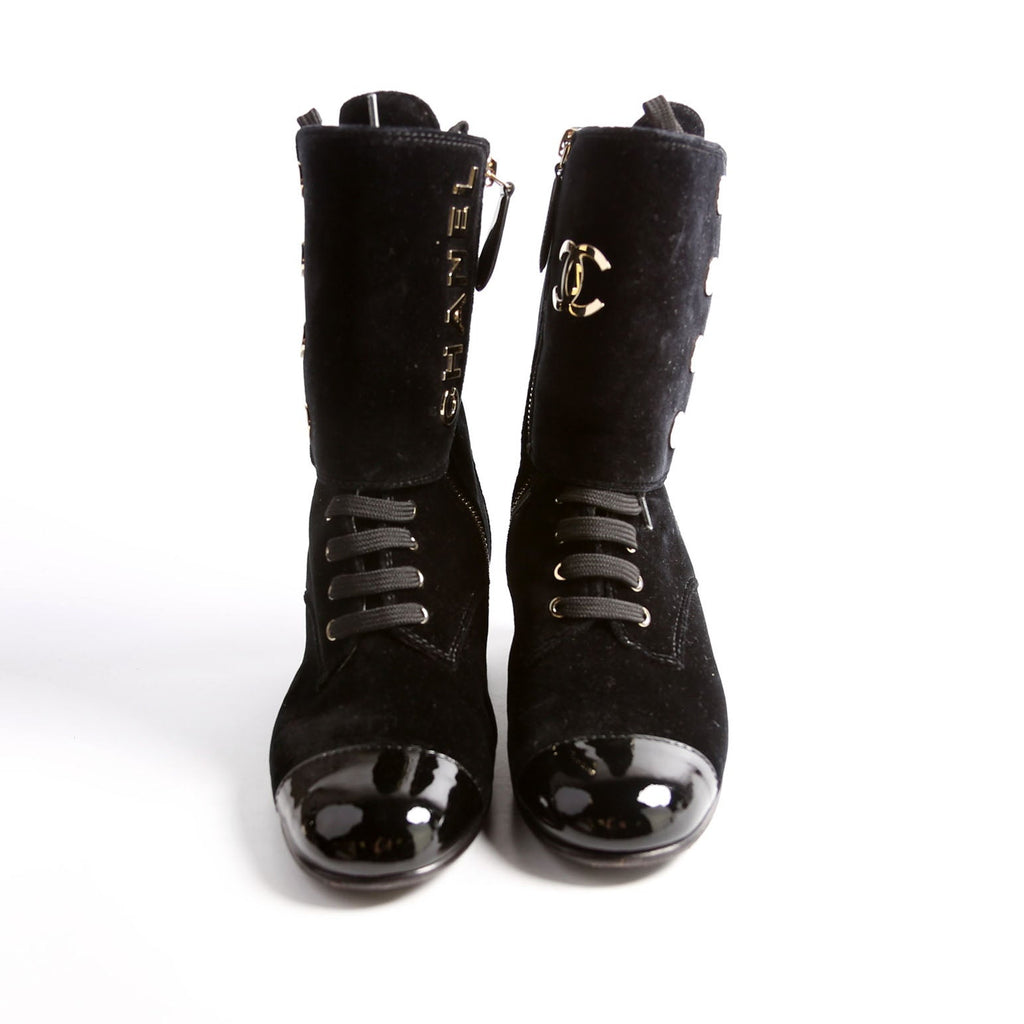 Chanel CC Cap Toe Velvet Lace-Up Boots Size 38