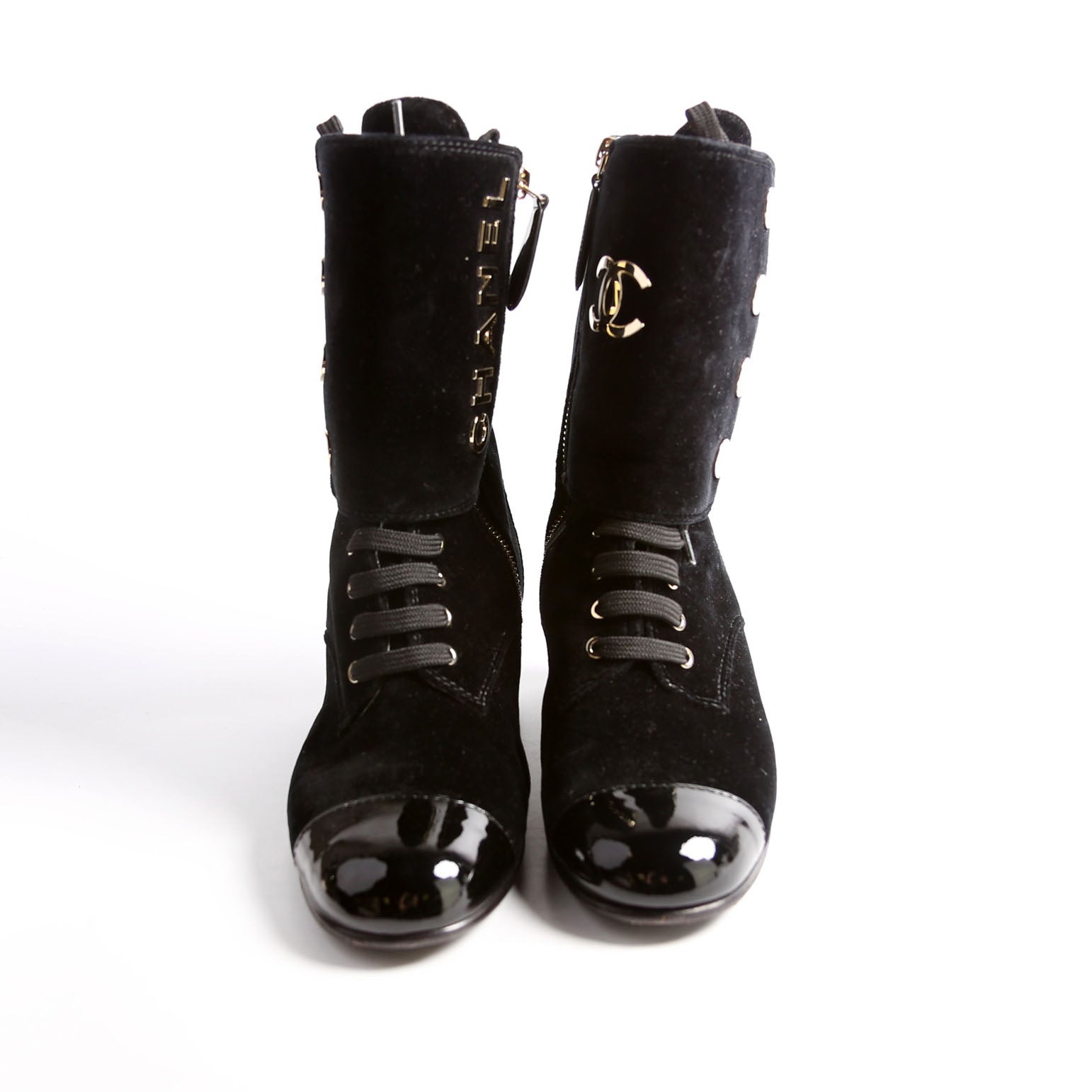 Chanel CC Cap Toe Velvet Lace-Up Boots Size 38