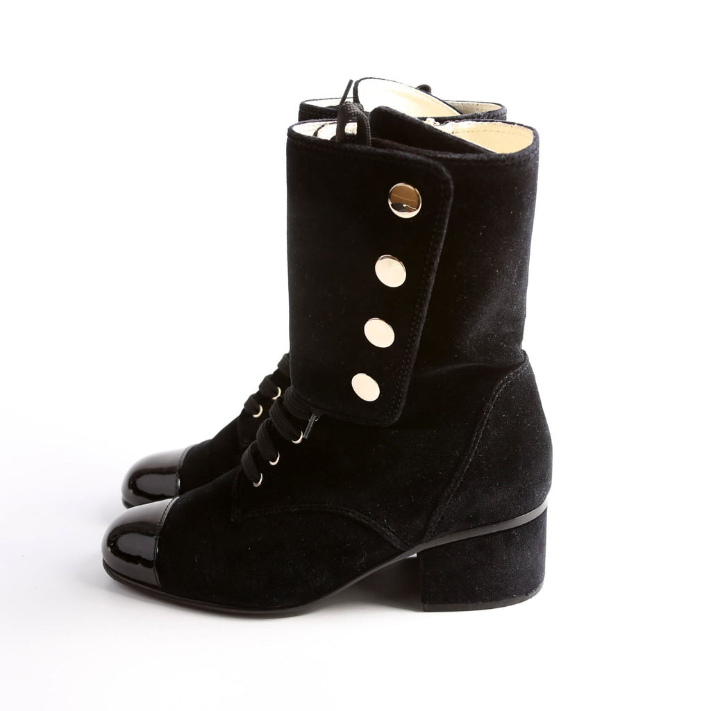 Chanel CC Cap Toe Velvet Lace-Up Boots Size 38