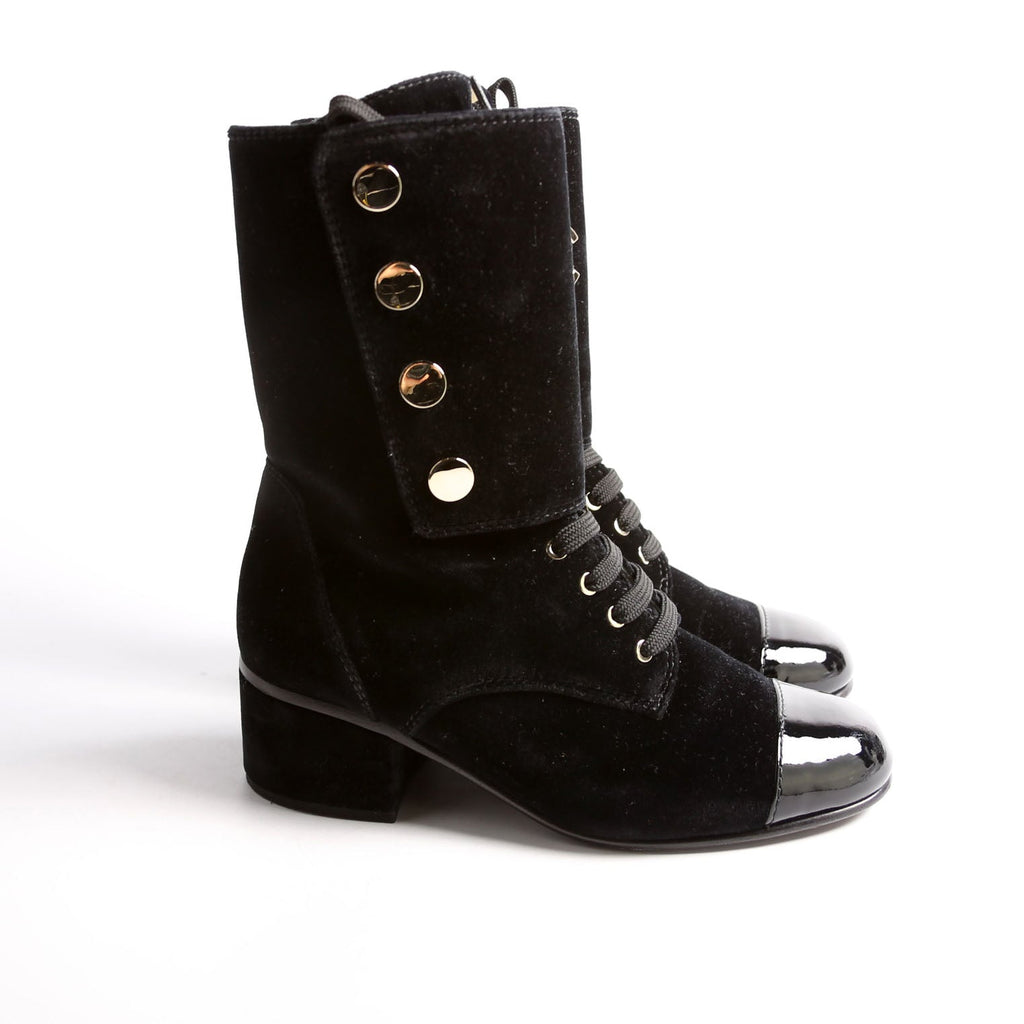 Chanel CC Cap Toe Velvet Lace-Up Boots Size 38