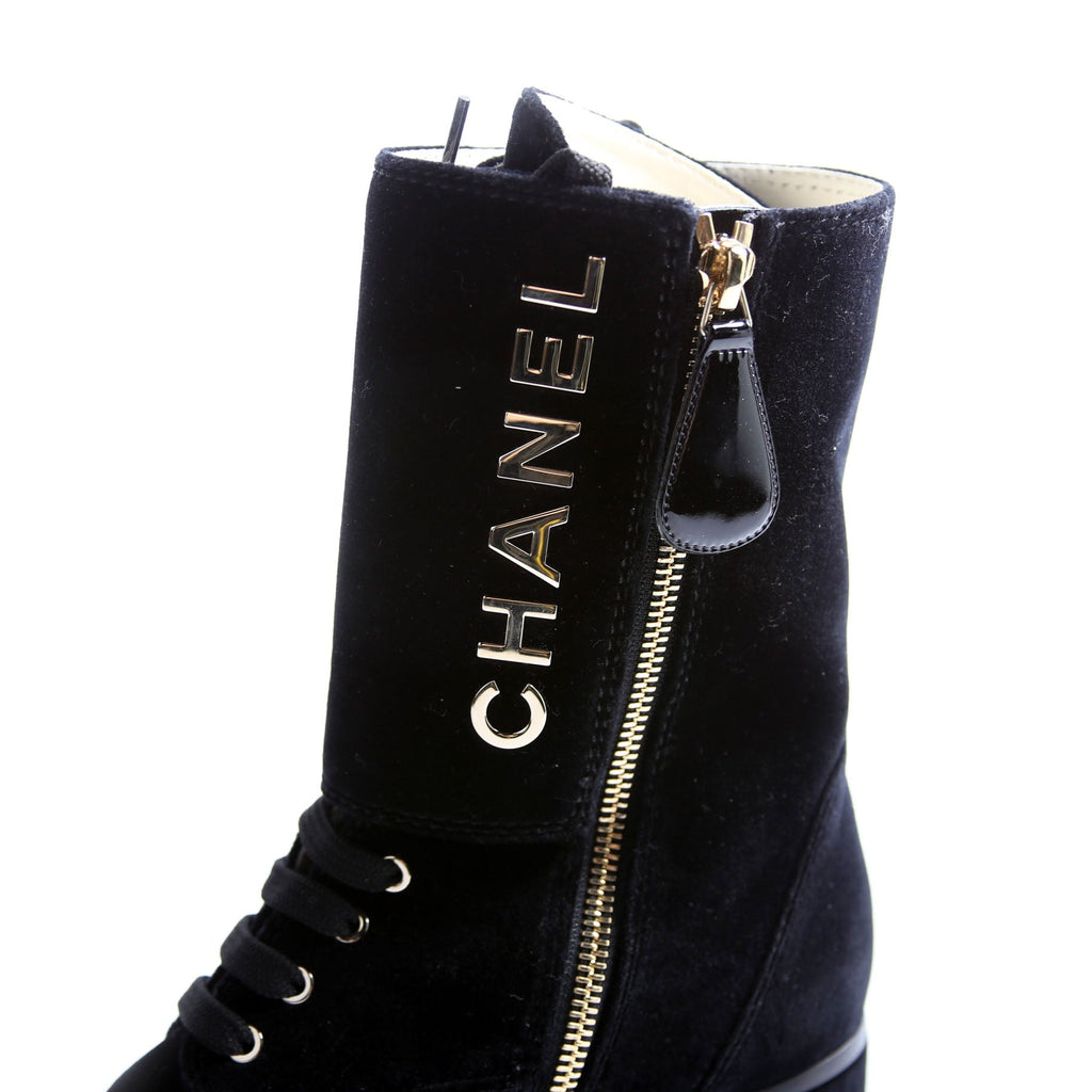 Chanel CC Cap Toe Velvet Lace-Up Boots Size 38