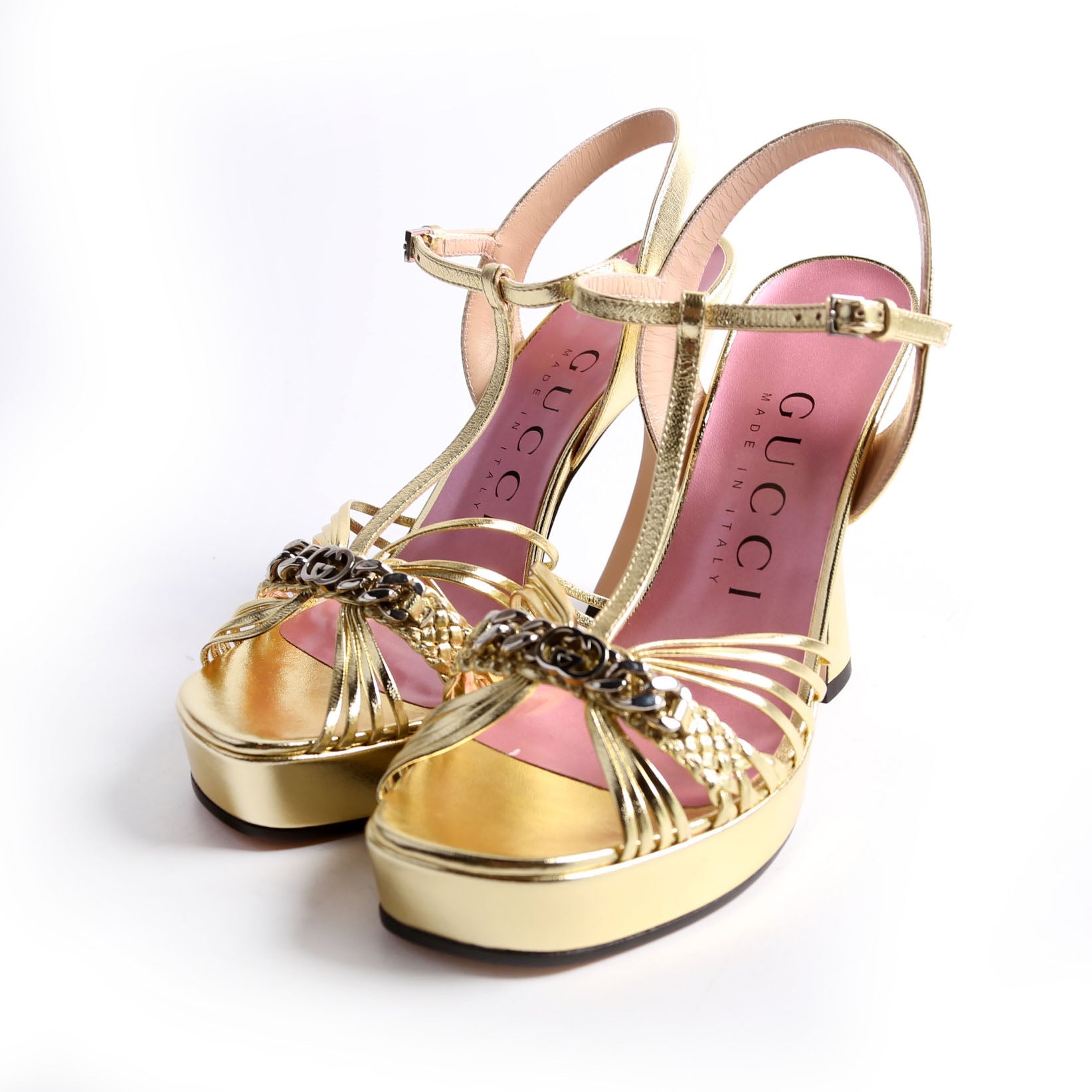 Gucci Logo Chain Strappy Platform Sandal Heels