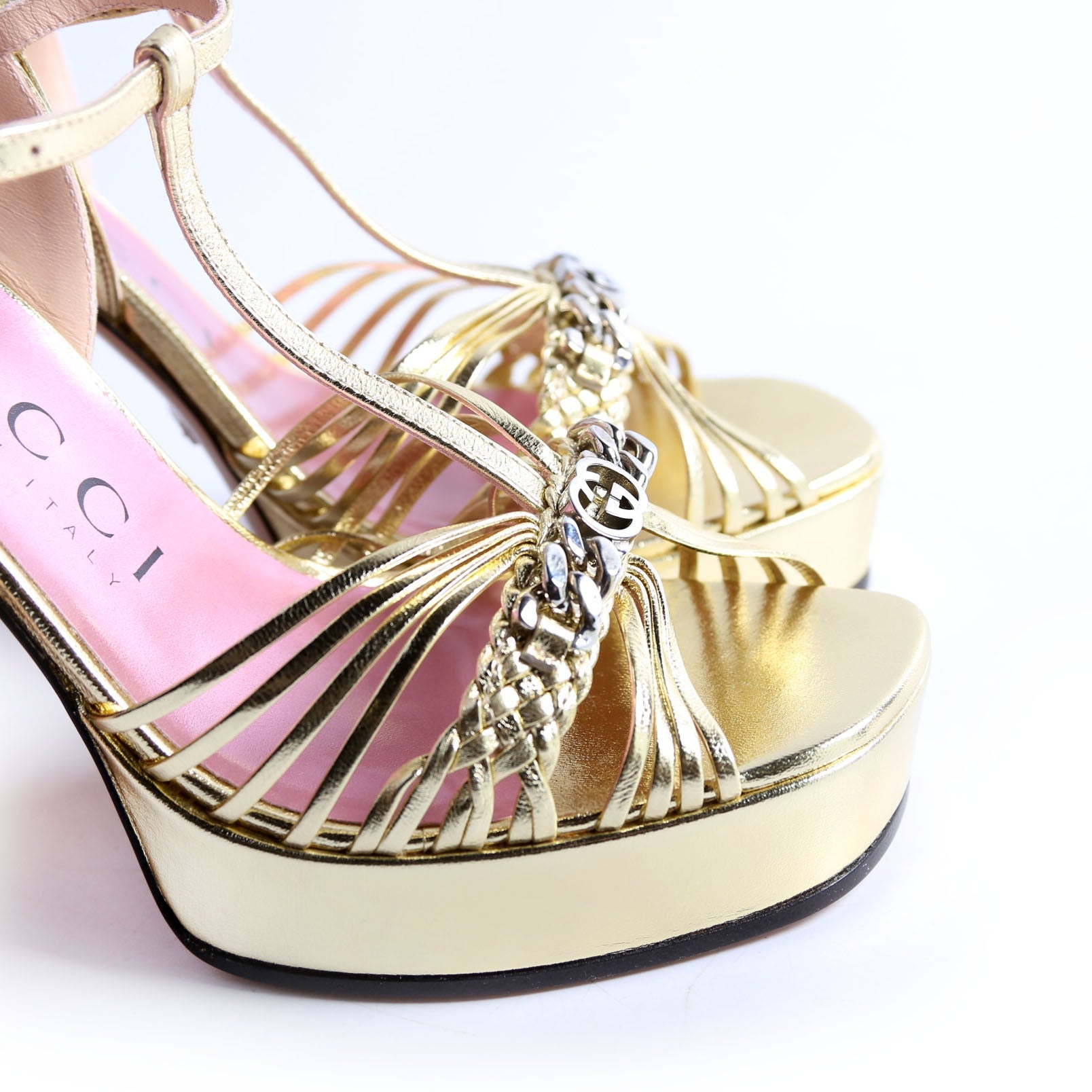 Gucci Logo Chain Strappy Platform Sandal Heels