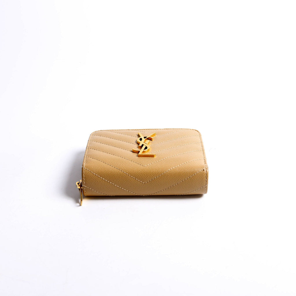 Saint Laurent 403723 Cassandre Grain De Poudre Compact Zip Around Wallet Tan