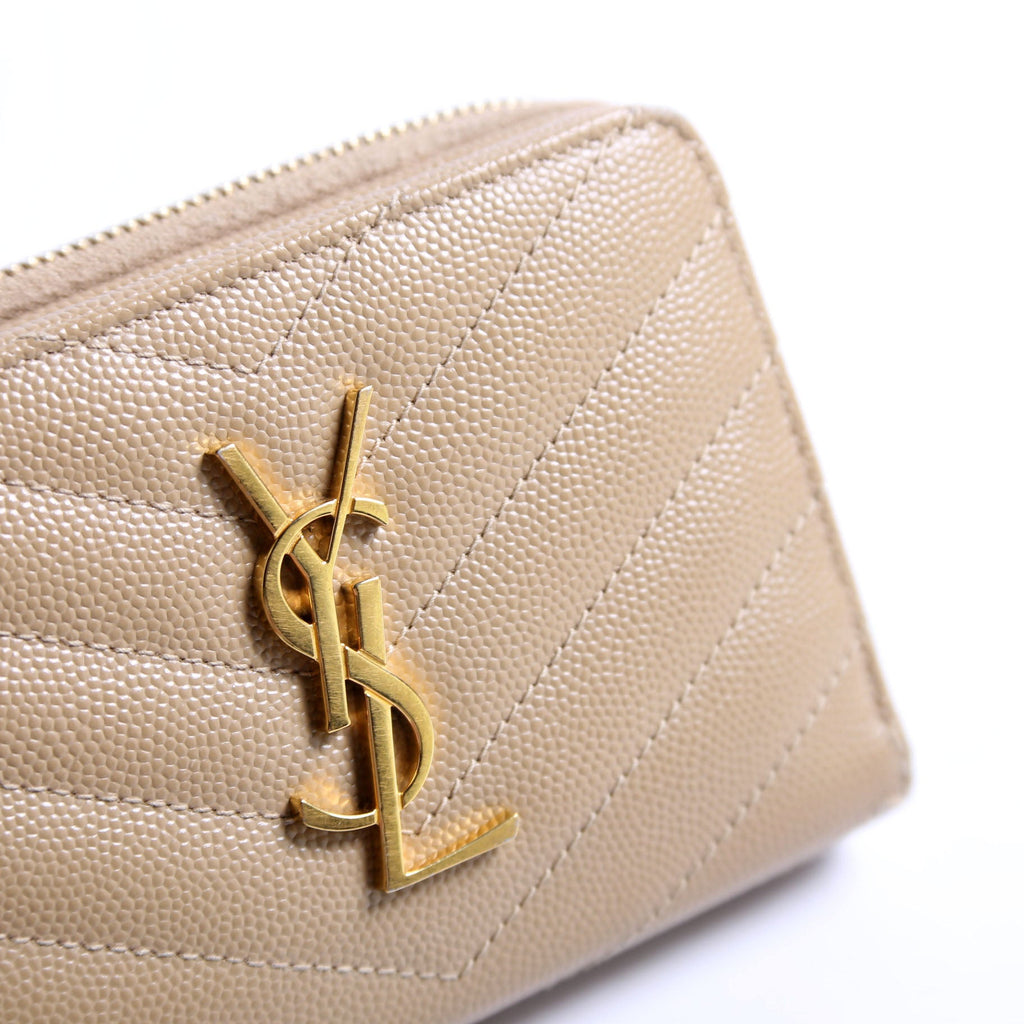Saint Laurent 403723 Cassandre Grain De Poudre Compact Zip Around Wallet Tan