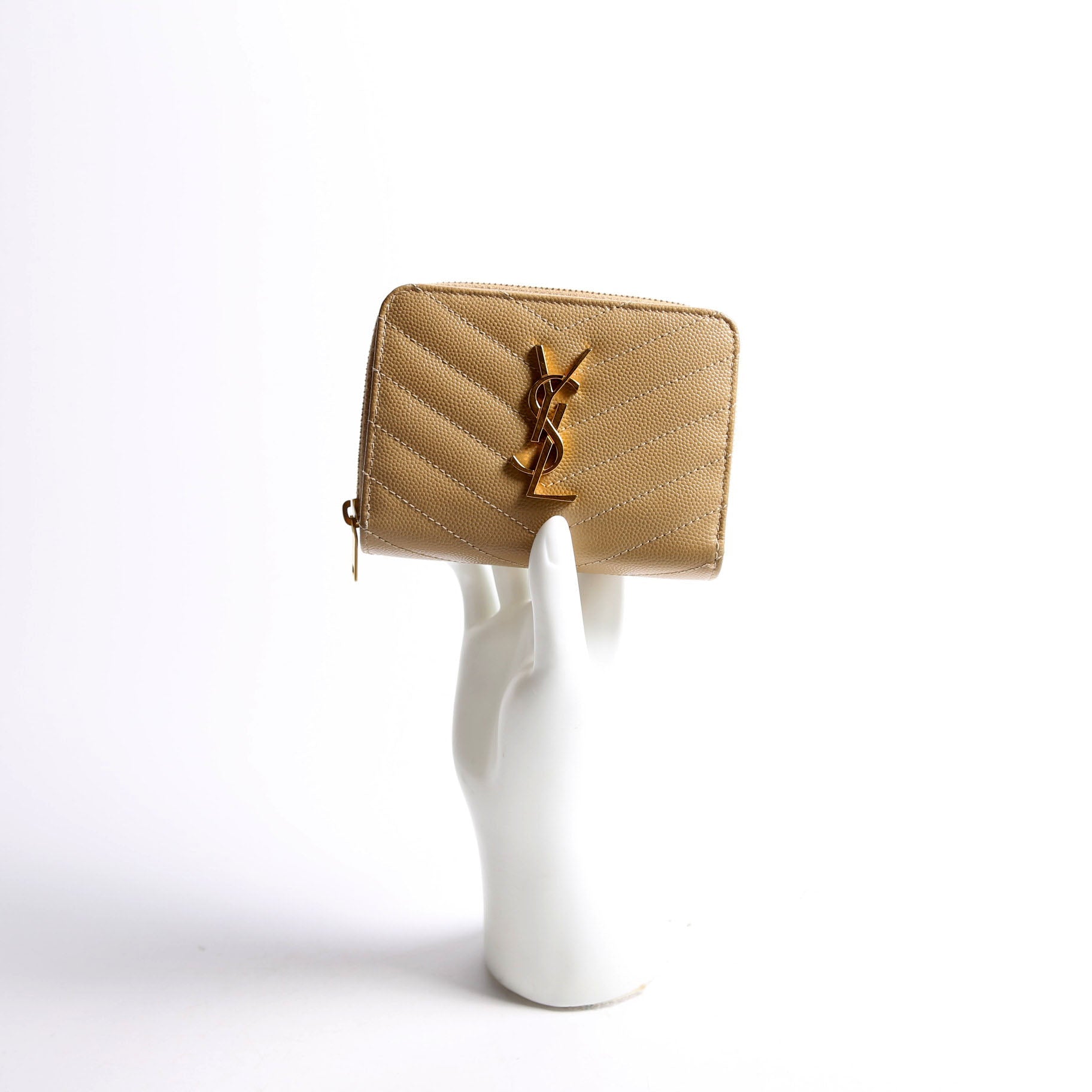 Saint Laurent 403723 Cassandre Grain De Poudre Compact Zip Around Wallet Tan