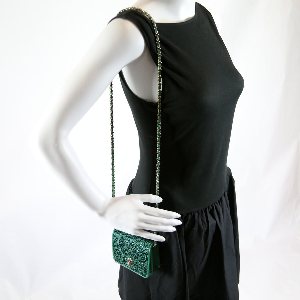 Chanel Strass Diamante Mini Clutch Lambskin RFID Green