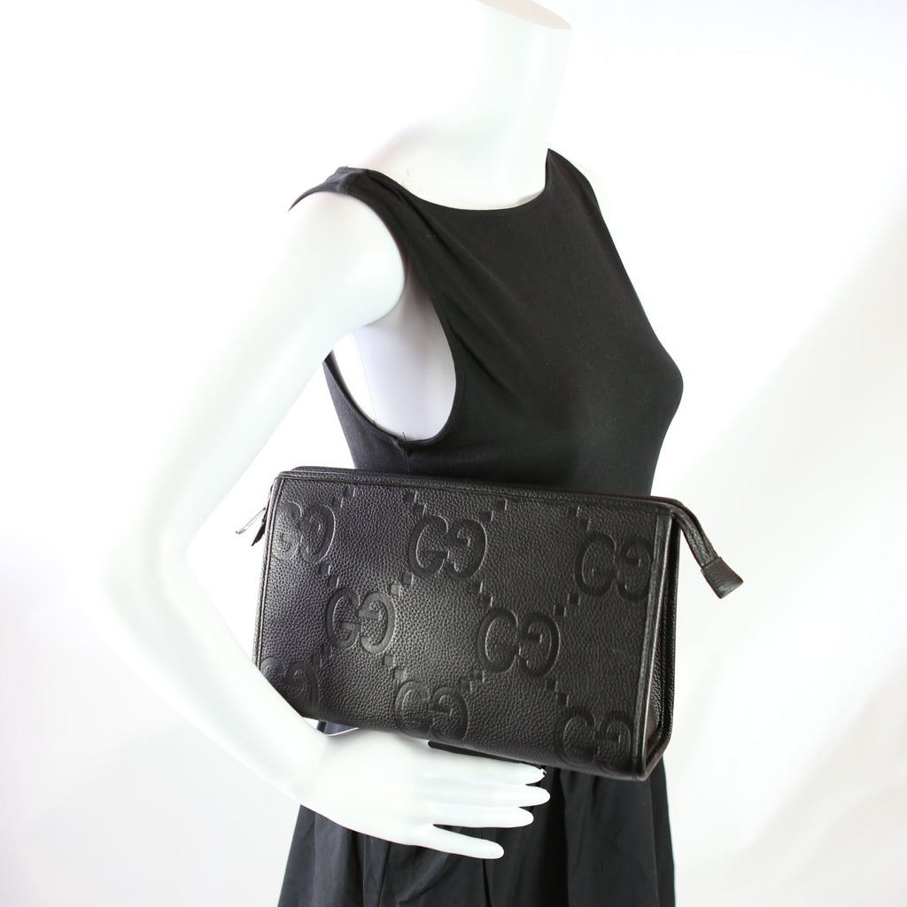Gucci 739490 Jumbo GG Leather Zip Pouch Black